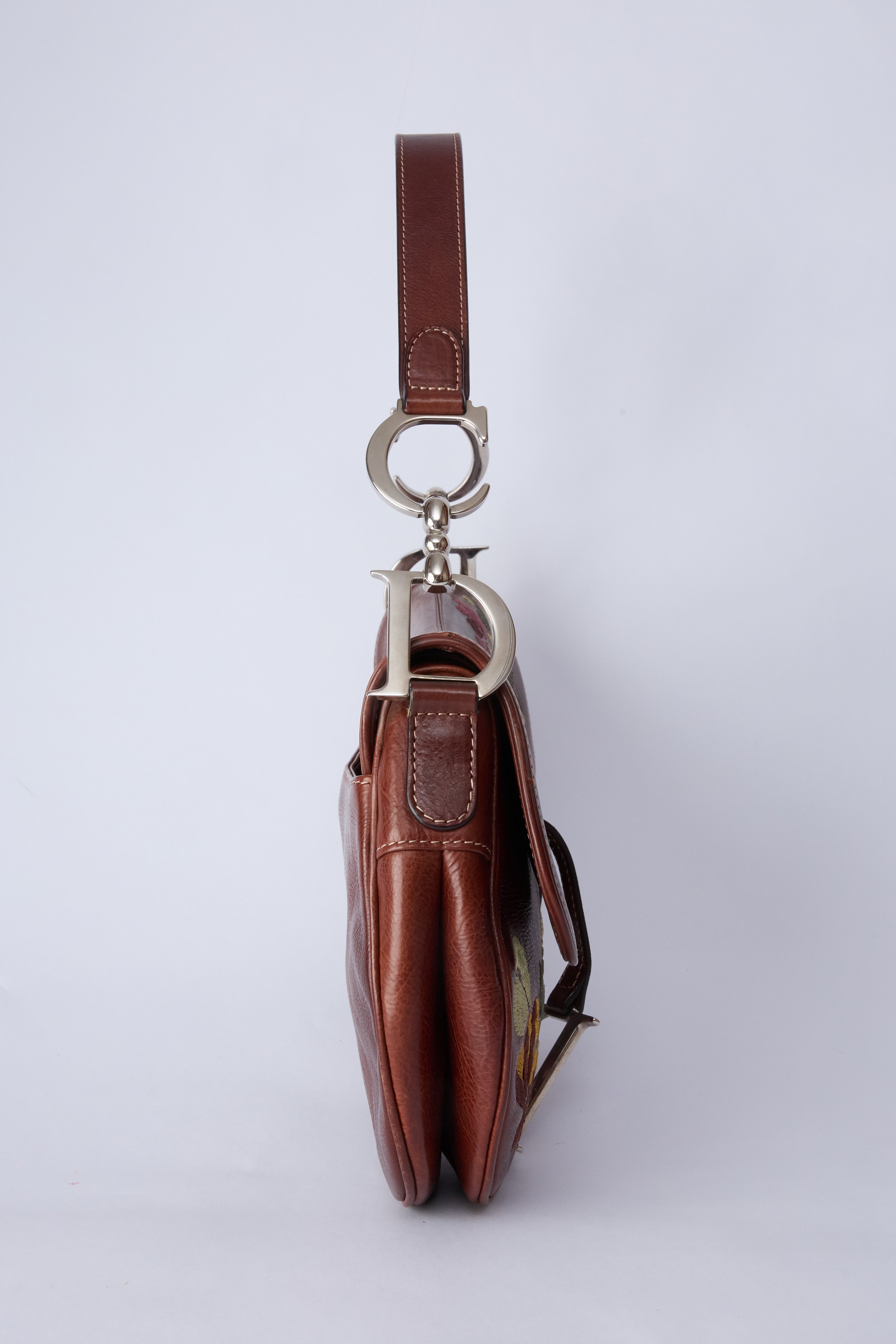 DIOR BROWN EMBROIDERED FLORAL SADDLE