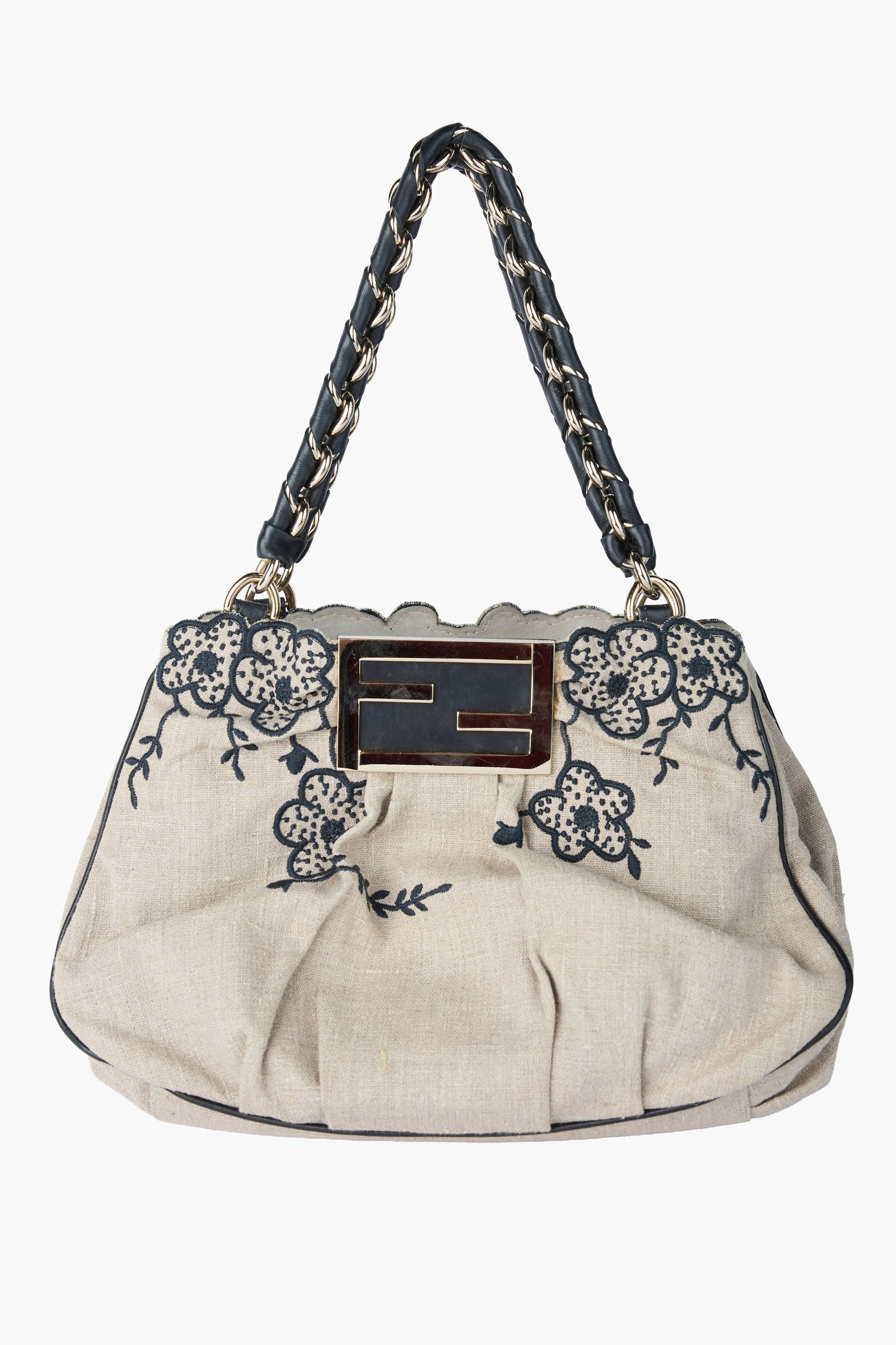 Fendi Black & Beige Floral Mia Tote