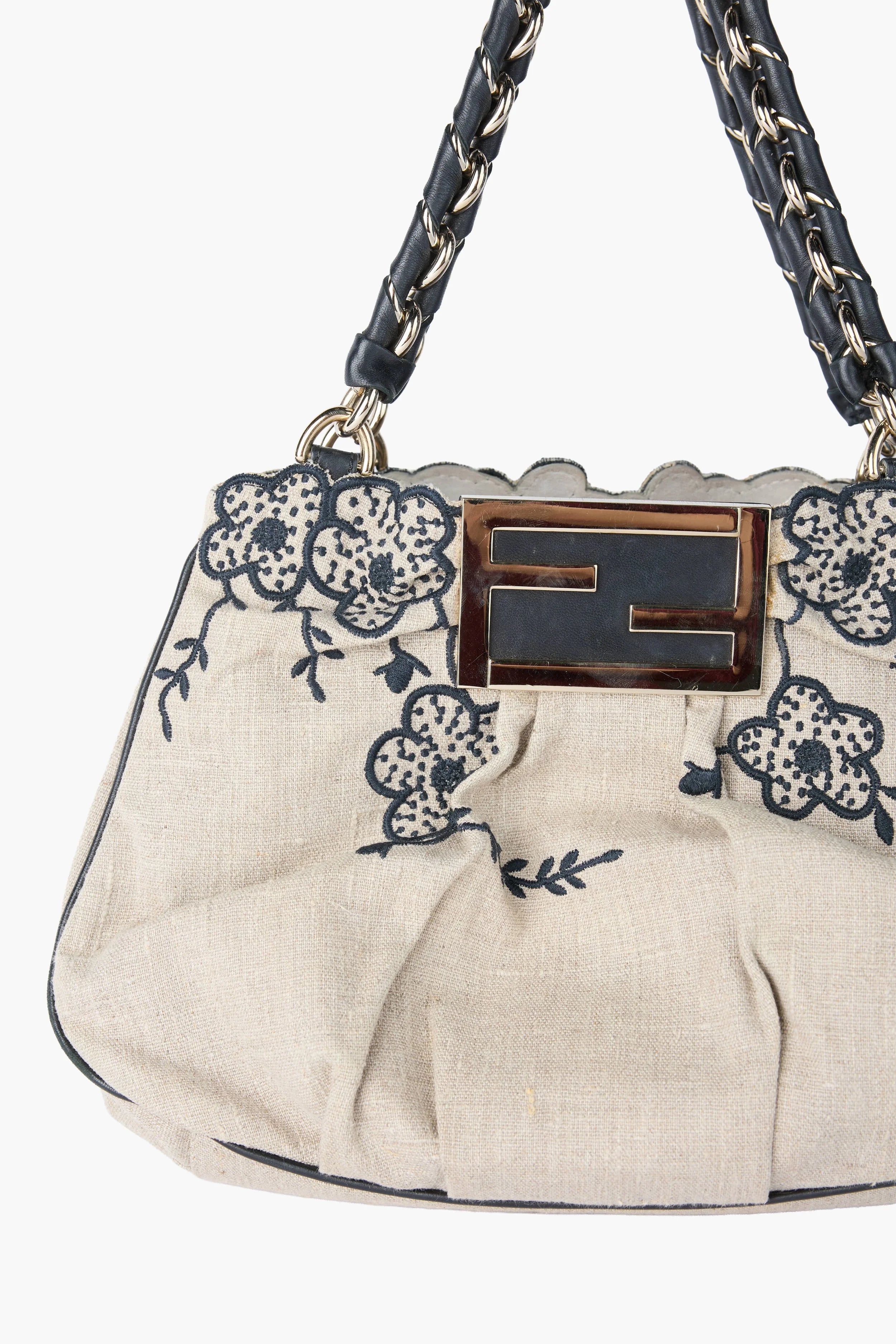 Fendi Black & Beige Floral Mia Tote