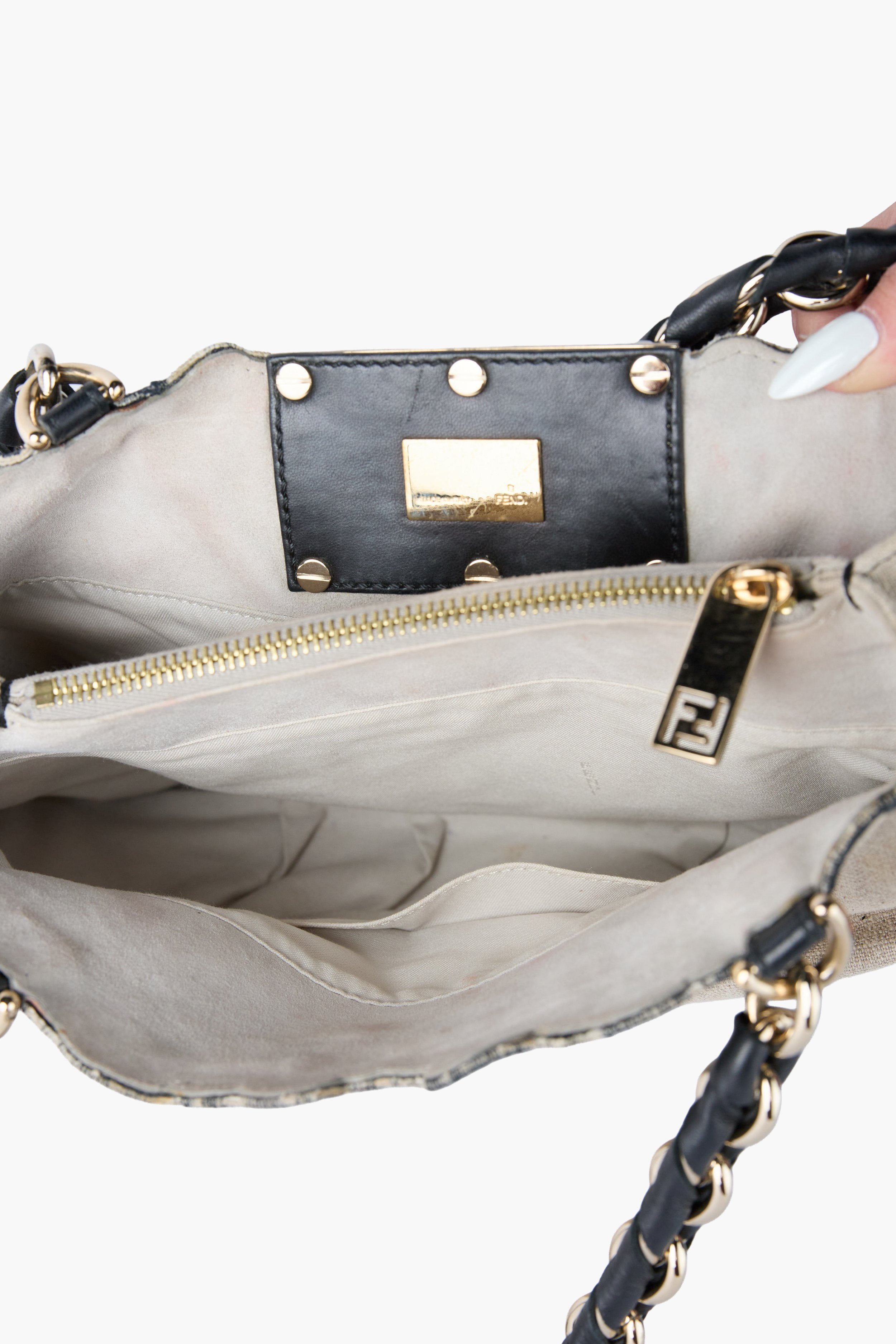 Fendi Black & Beige Floral Mia Tote