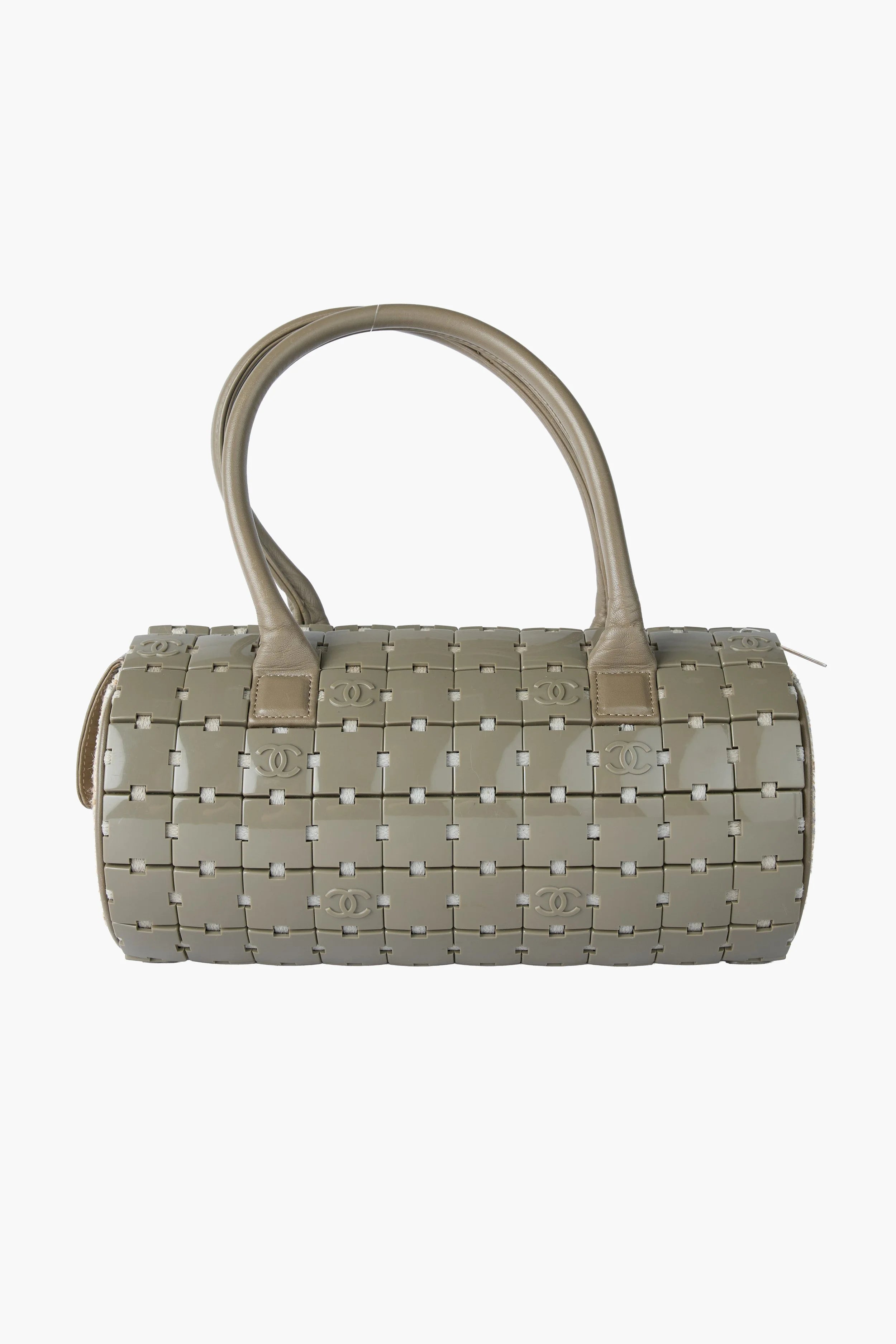 Chanel Gray Lucite & Tweed Puzzle Barrel Handbag