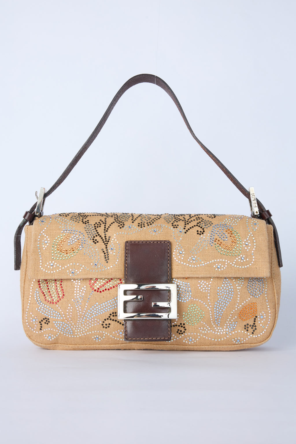 FENDI LINEN EMBELLISHED BAGUETTE