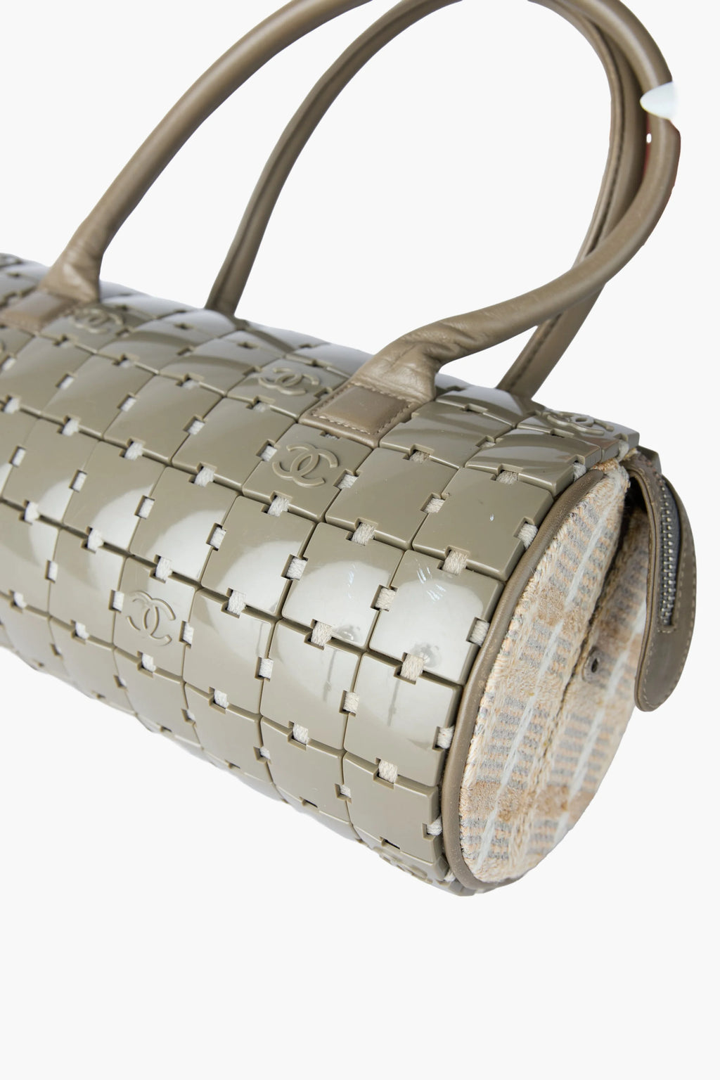 Chanel Gray Lucite & Tweed Puzzle Barrel Handbag
