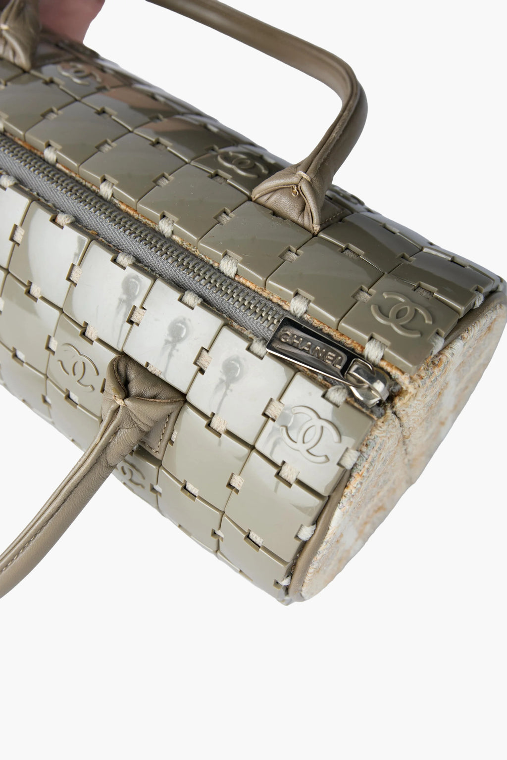Chanel Gray Lucite & Tweed Puzzle Barrel Handbag