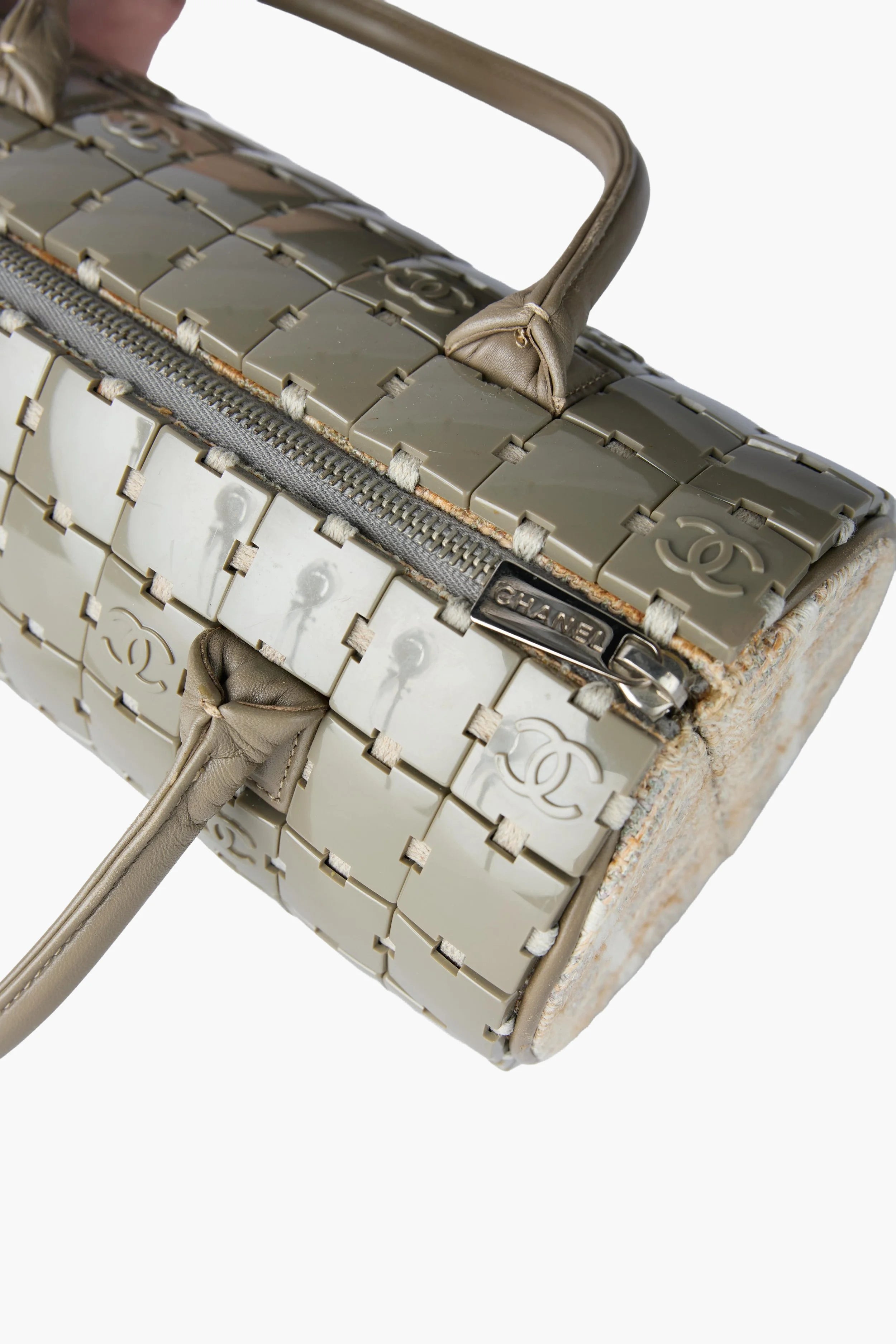Chanel Gray Lucite & Tweed Puzzle Barrel Handbag