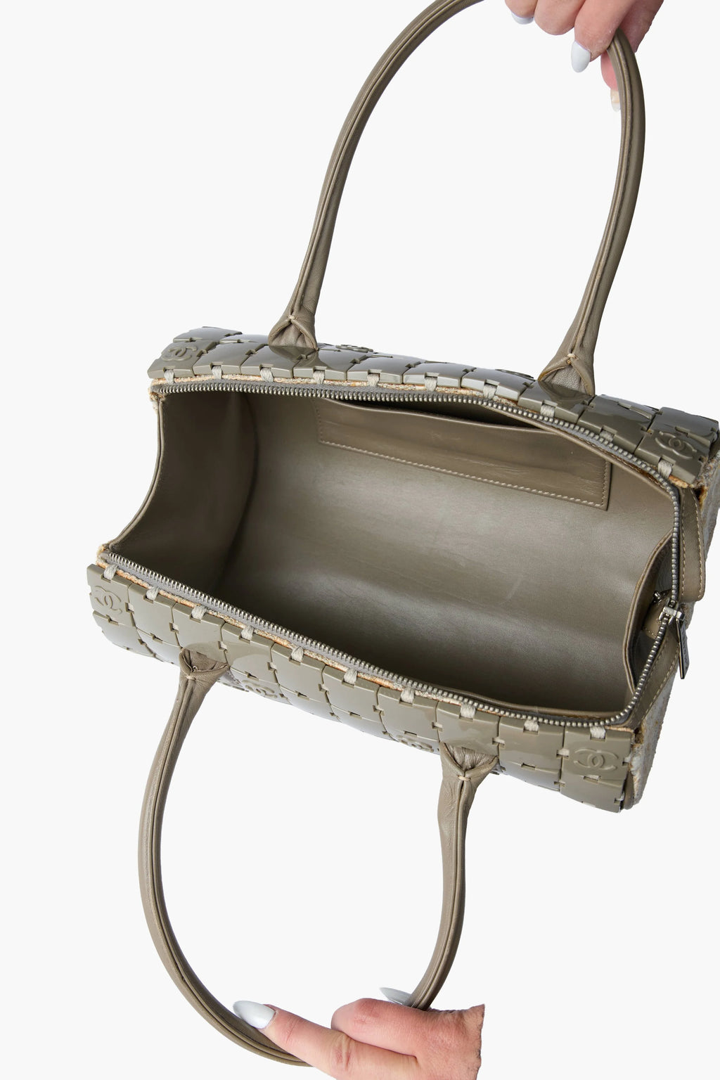 Chanel Gray Lucite & Tweed Puzzle Barrel Handbag