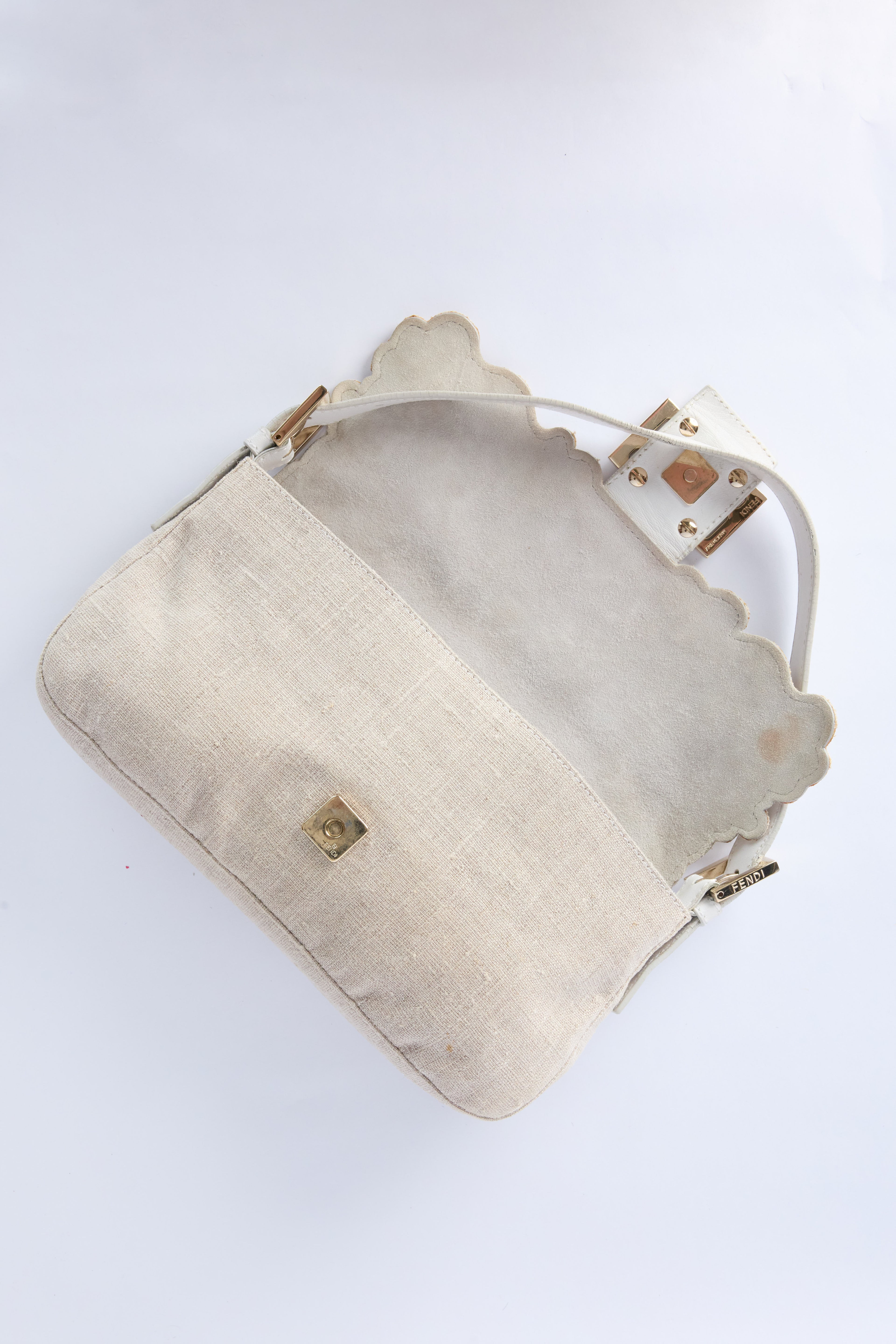 FENDI LINEN FLORAL EMBROIDERED BAGUETTE