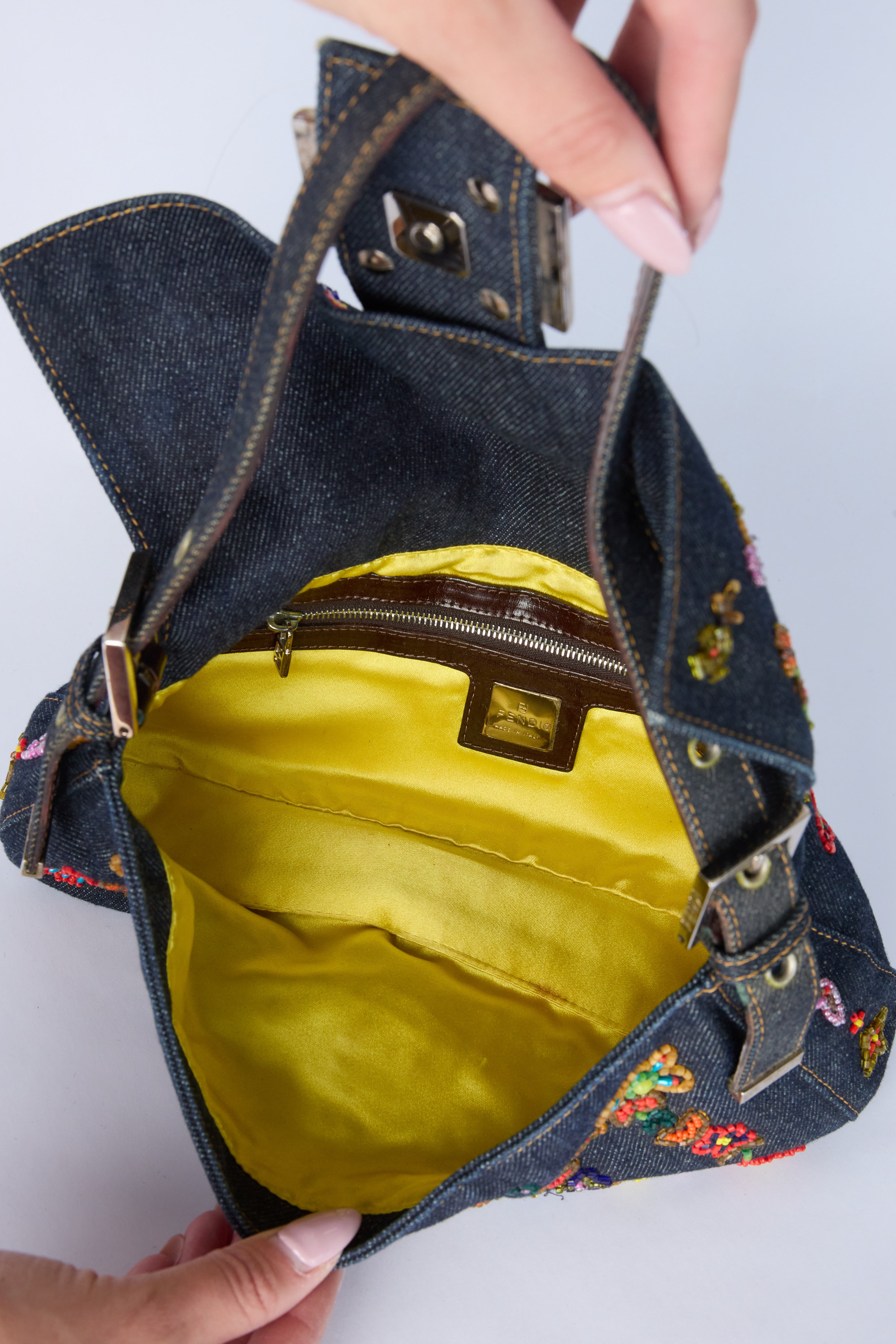 FENDI DENIM BEADED BAGUETTE