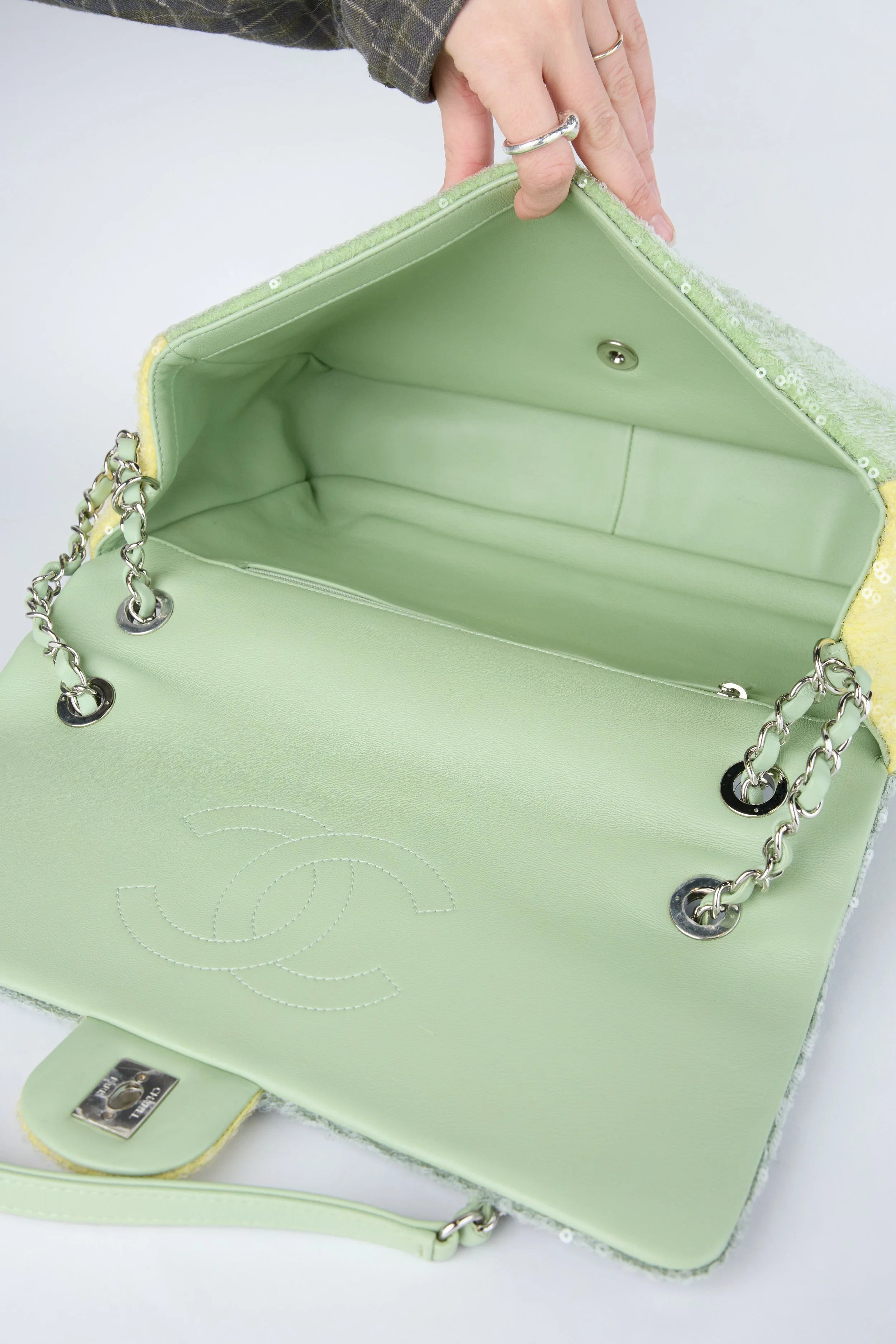 CHANEL GREEN WATERFALL SEQUIN JUMBO FLAP