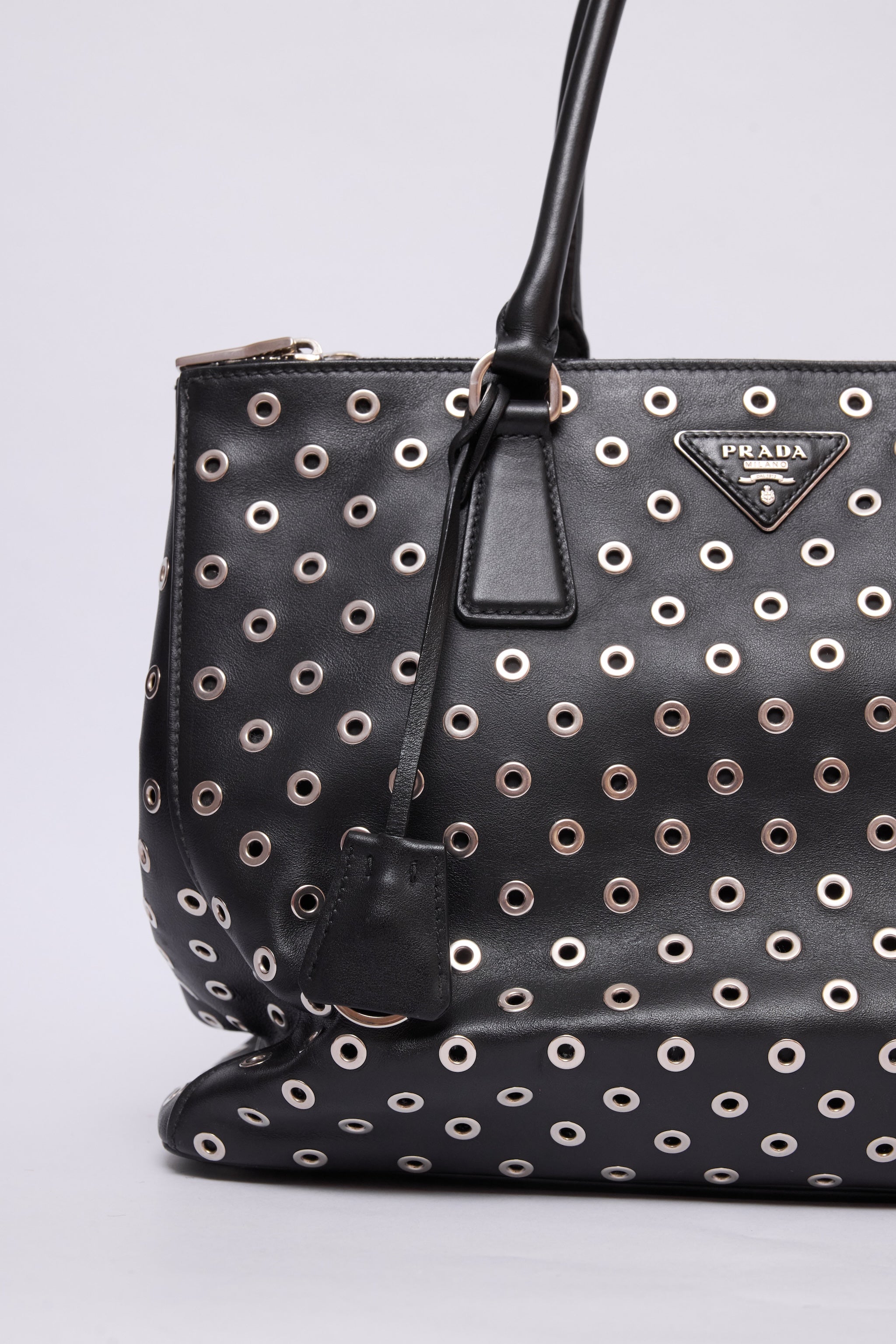 PRADA CITY CALF GROMMET DOUBLE ZIP TOTE