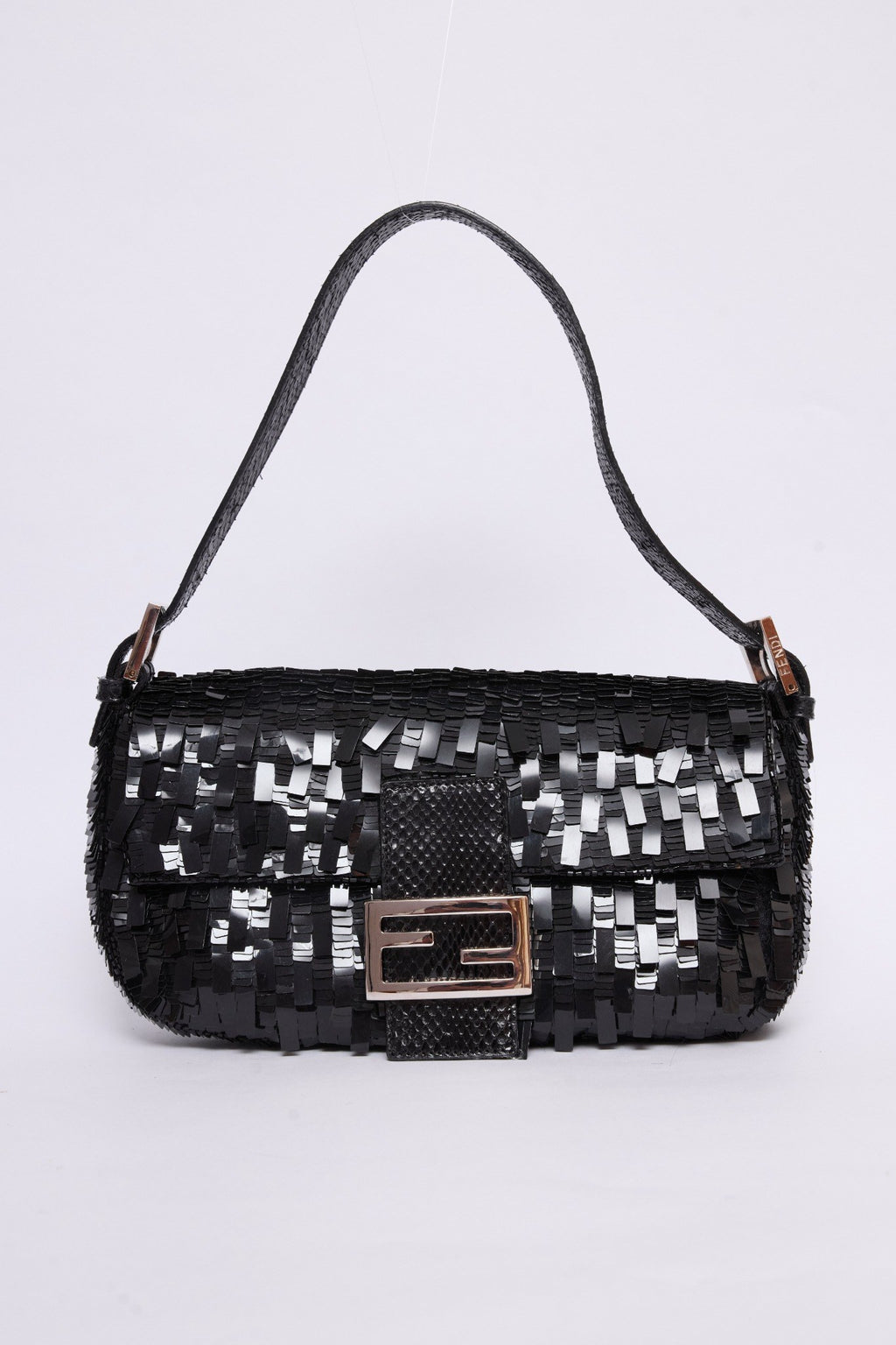 FENDI BLACK SEQUIN & PYTHON TRIM BAGUETTE