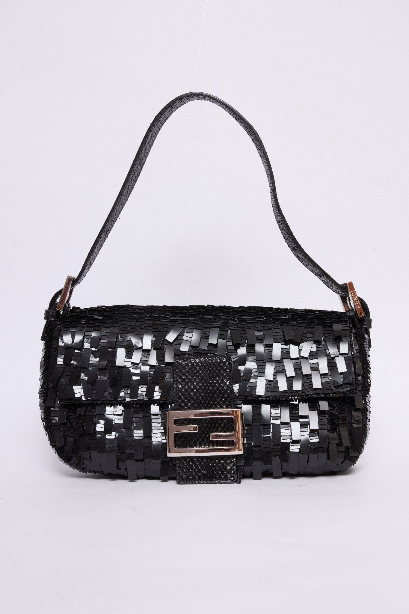 FENDI BLACK SEQUIN & PYTHON TRIM BAGUETTE
