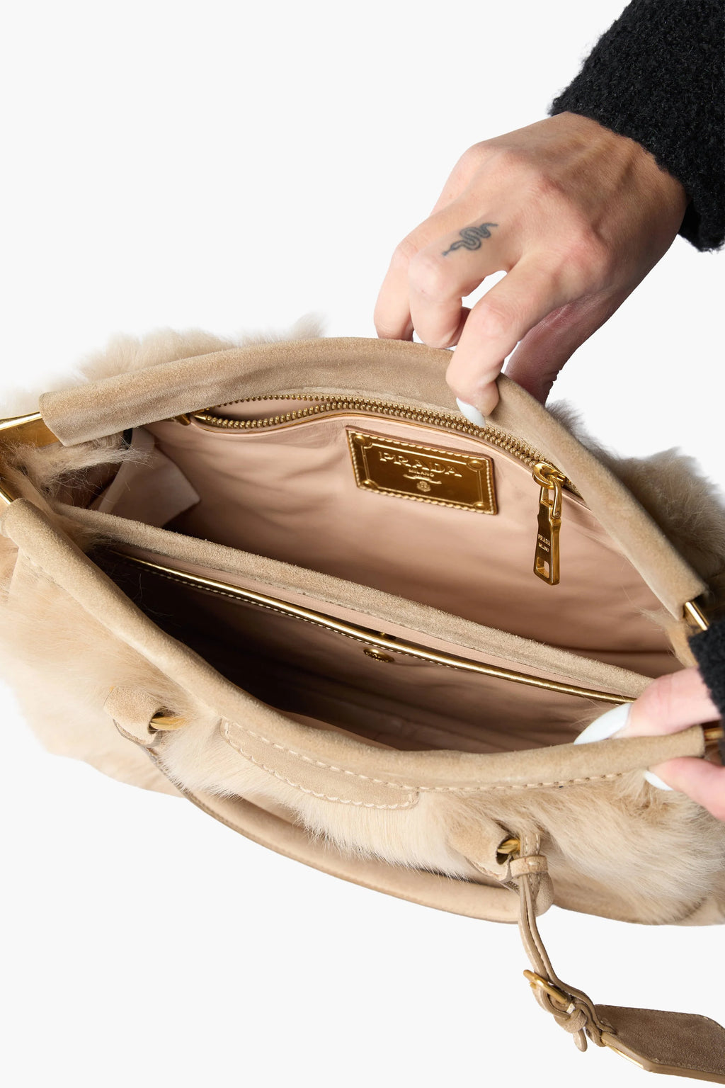 Prada Fur Beige Top Handle Bag