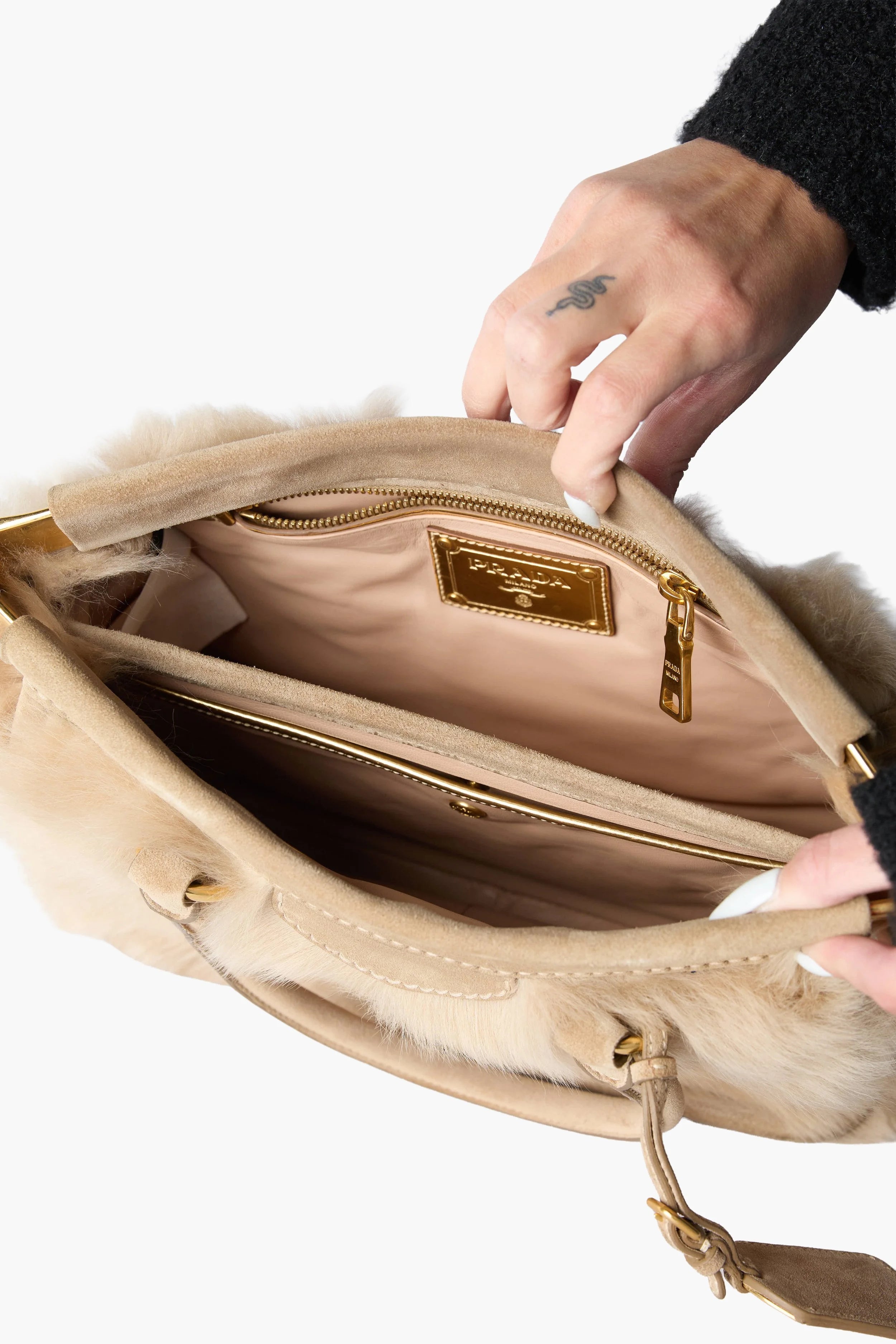 Prada Fur Beige Top Handle Bag