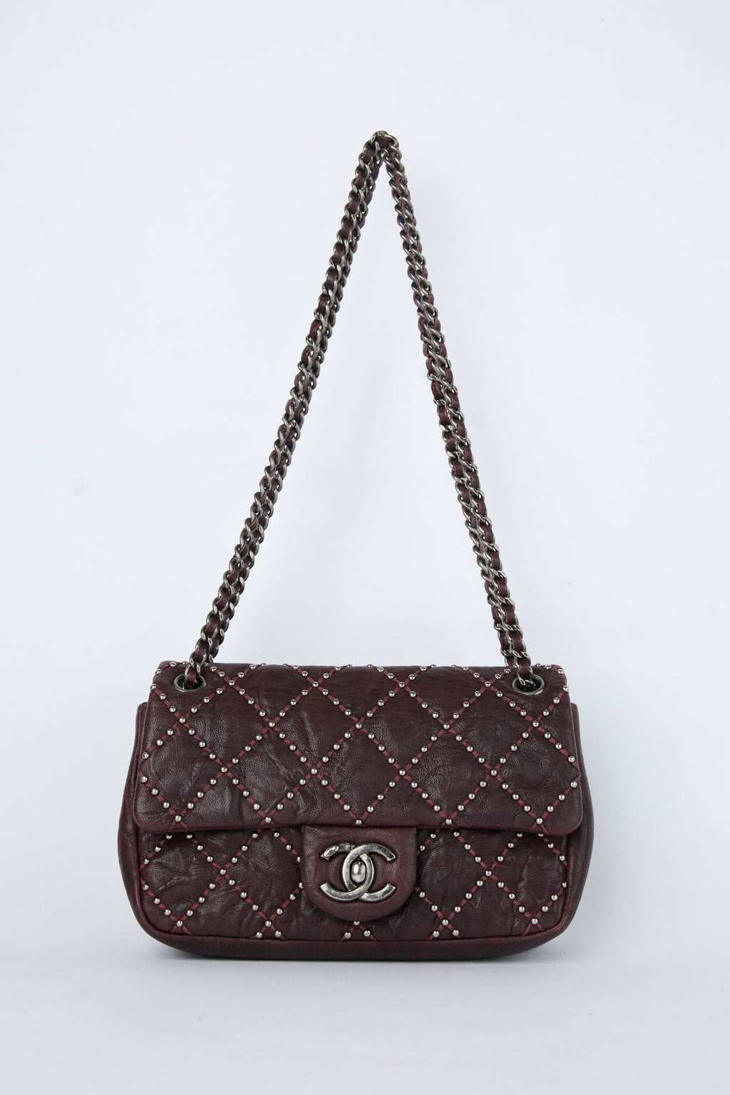 CHANEL BURGUNDY STUDDED FLAP