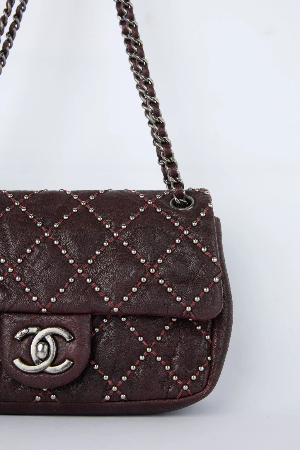 CHANEL BURGUNDY STUDDED FLAP