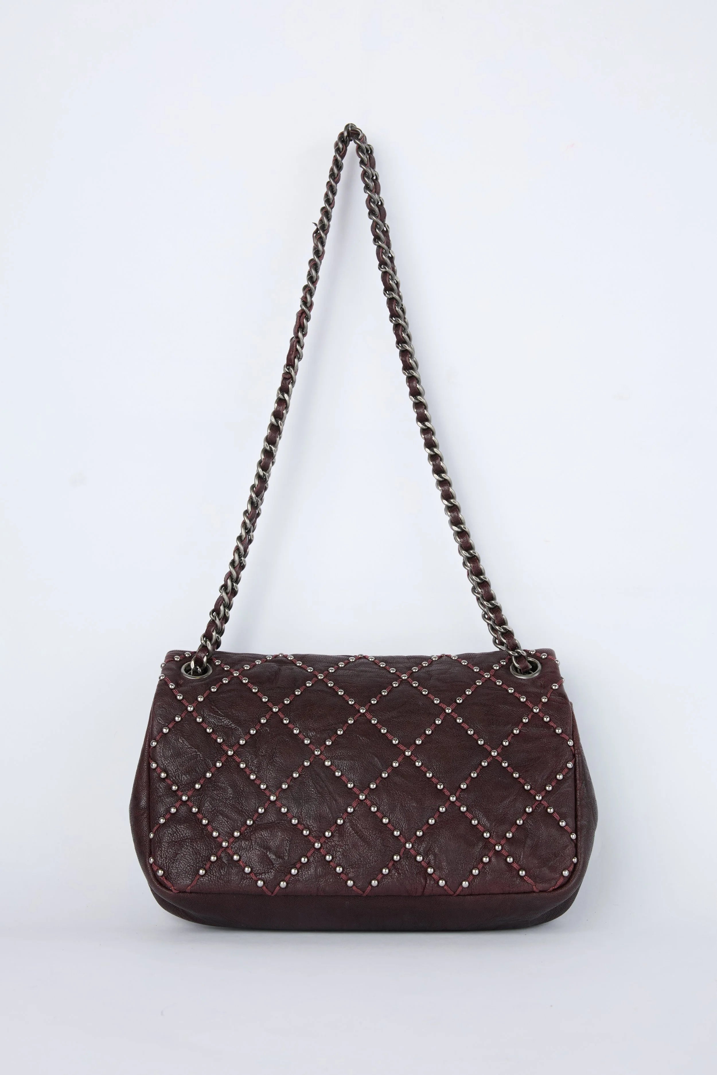 CHANEL BURGUNDY STUDDED FLAP