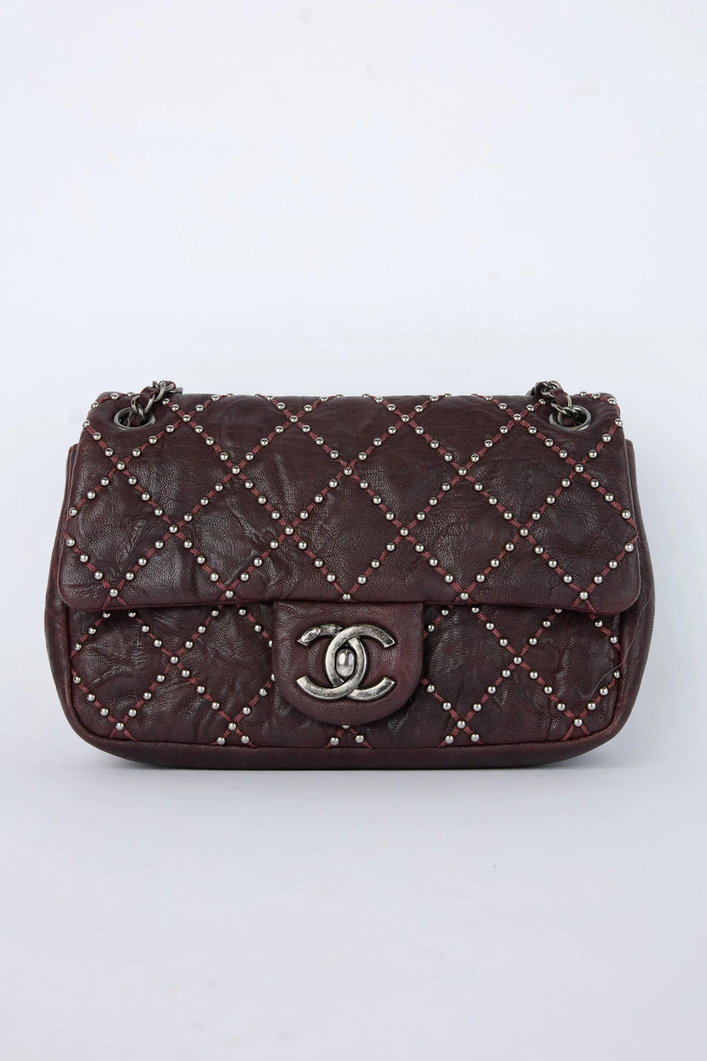 CHANEL BURGUNDY STUDDED FLAP