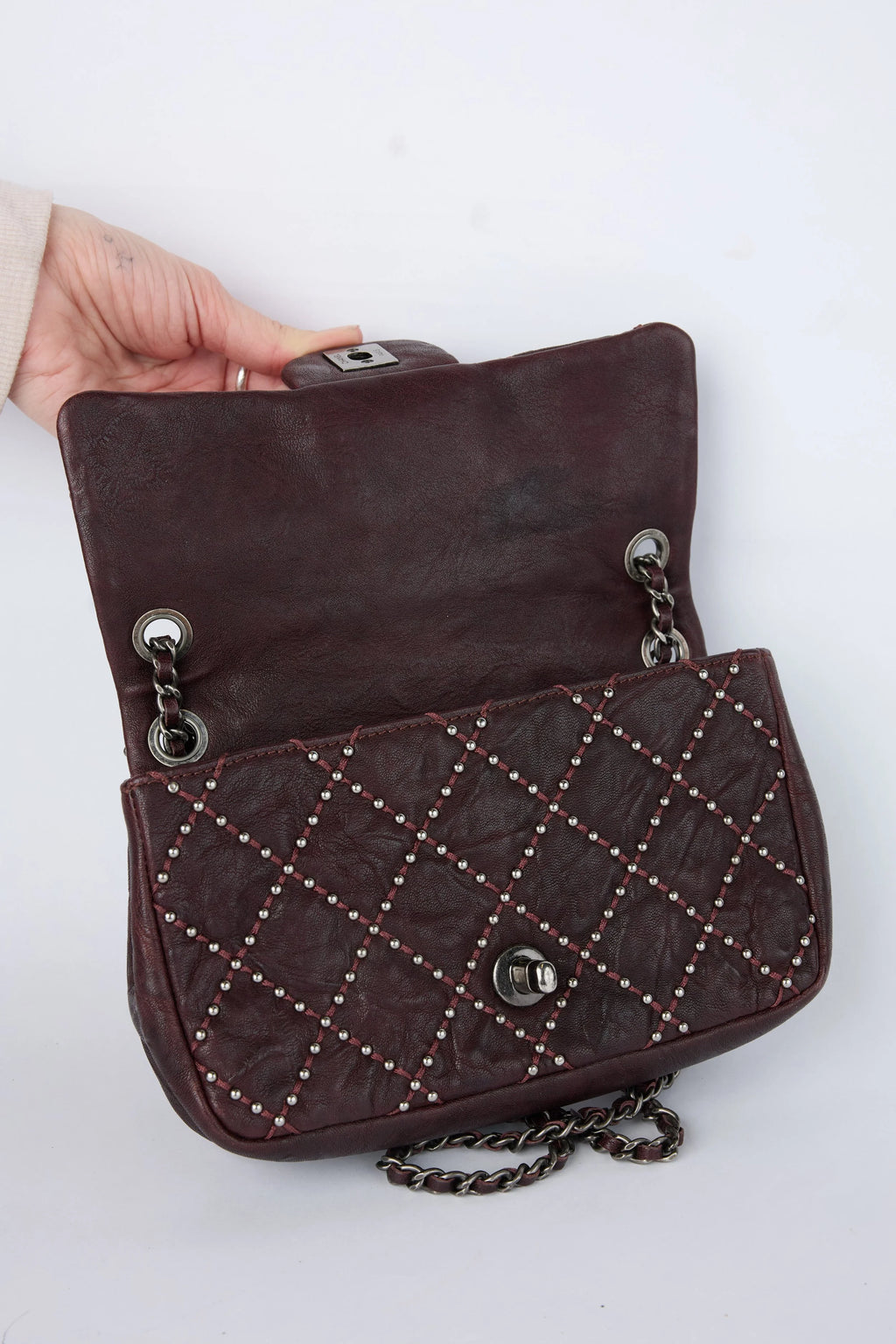 CHANEL BURGUNDY STUDDED FLAP