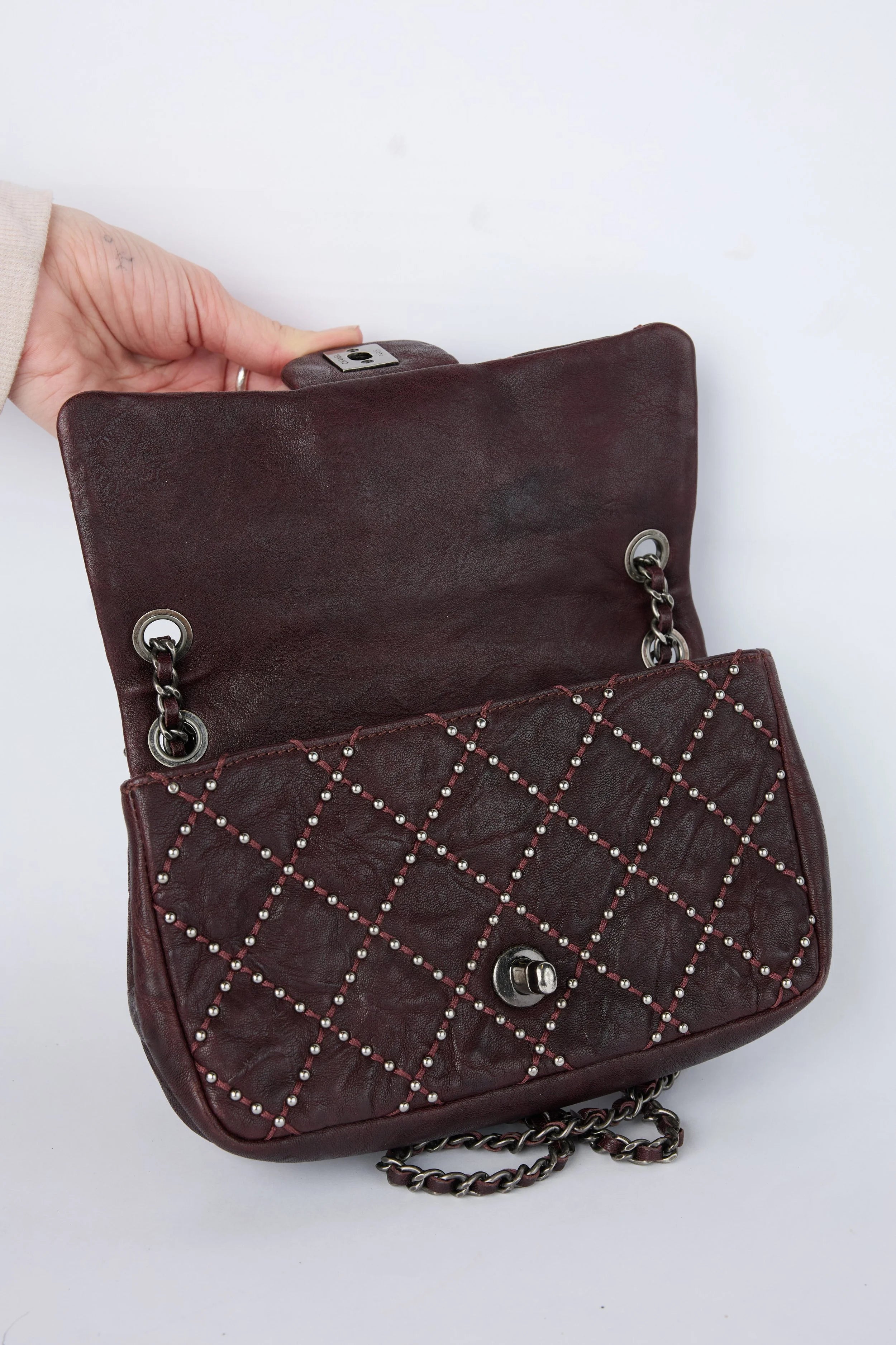 CHANEL BURGUNDY STUDDED FLAP