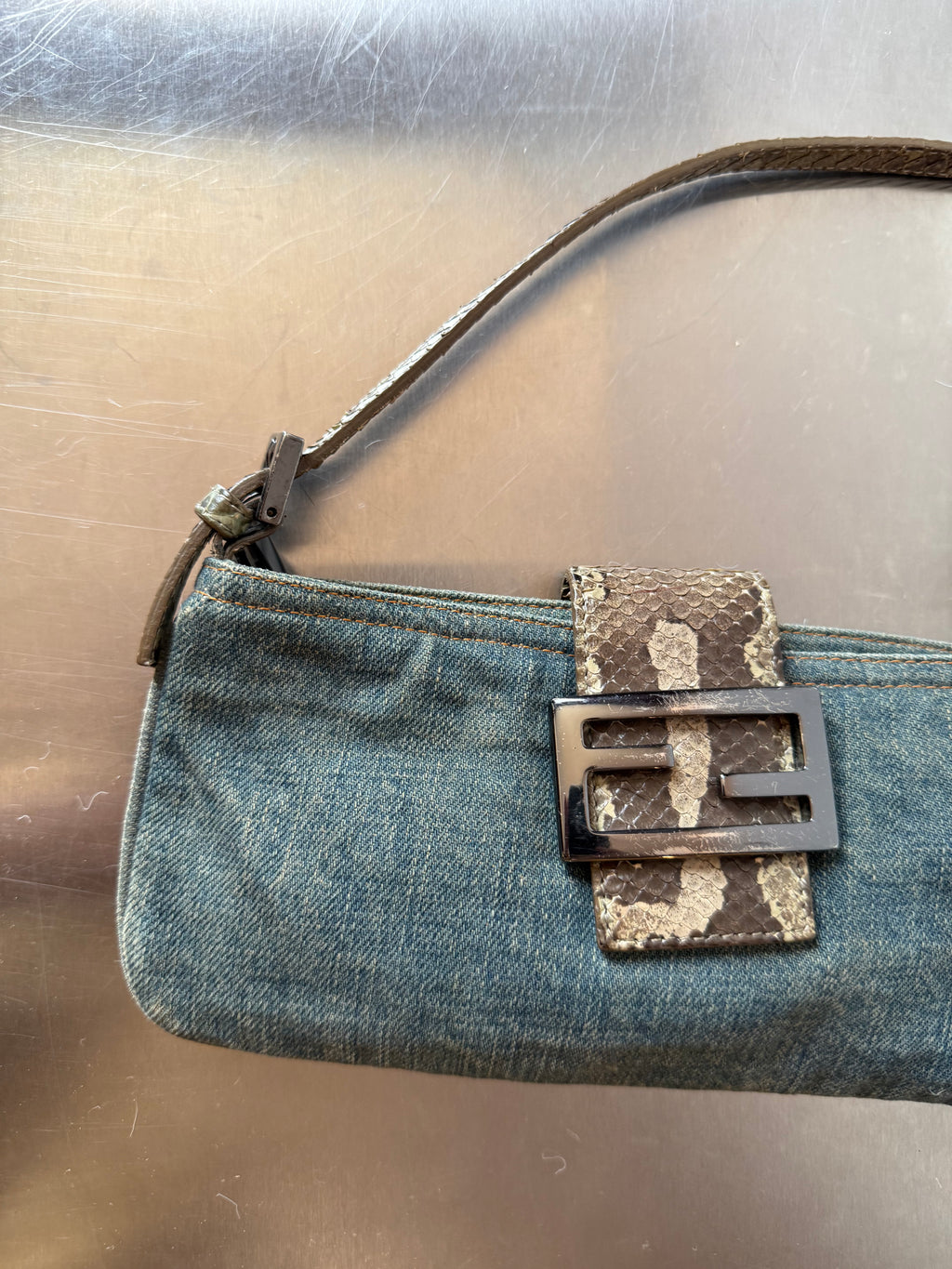 FENDI DENIM & PYTHON MINI BAGUETTE