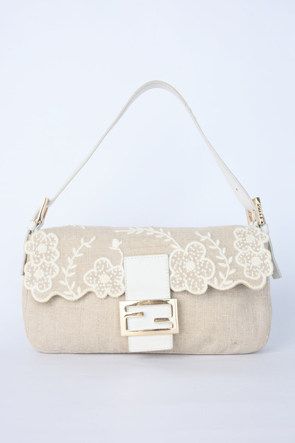 FENDI LINEN FLORAL EMBROIDERED BAGUETTE