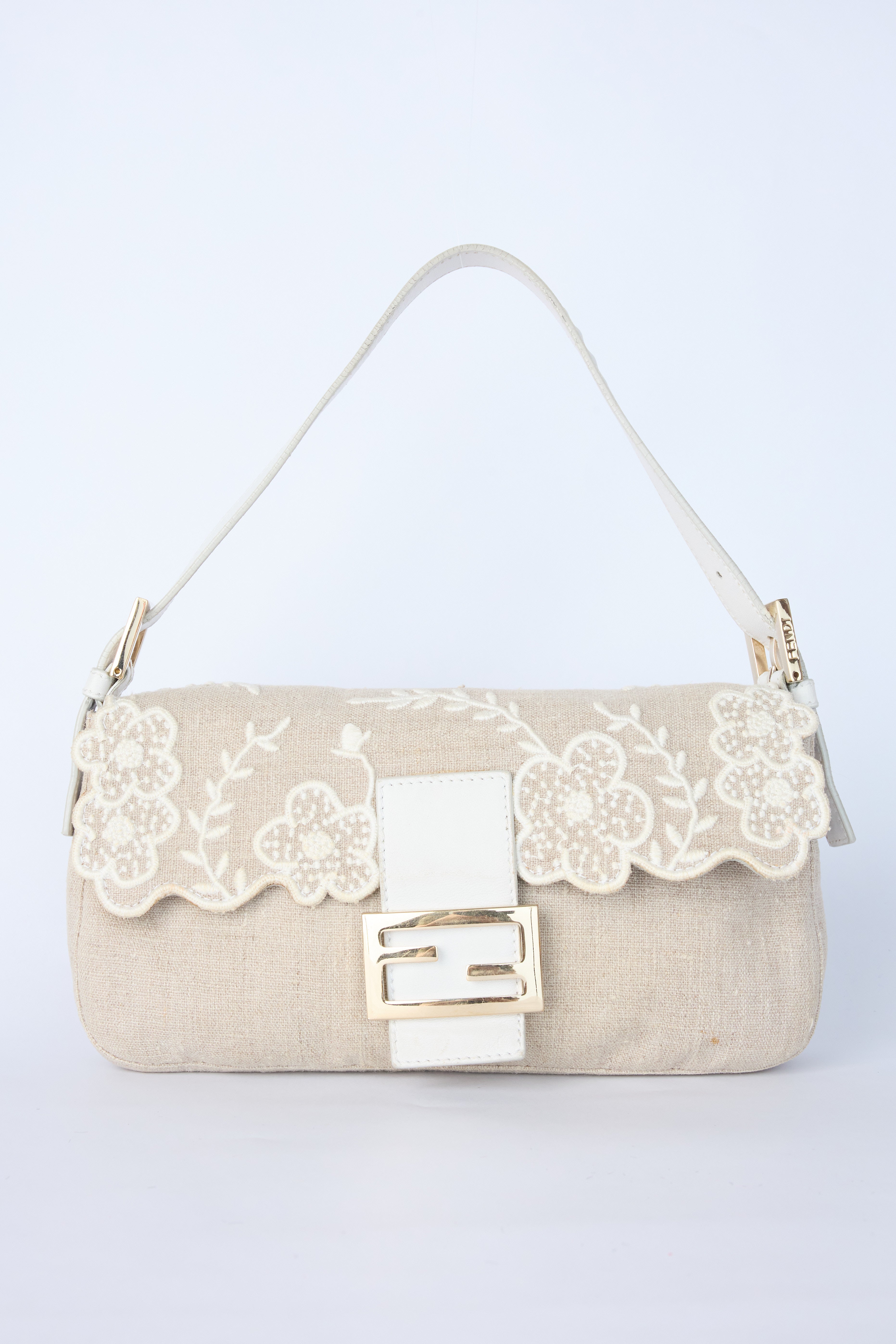 FENDI LINEN FLORAL EMBROIDERED BAGUETTE