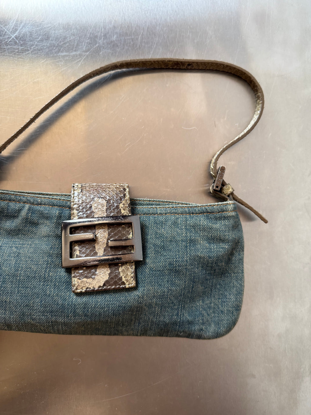 FENDI DENIM & PYTHON MINI BAGUETTE