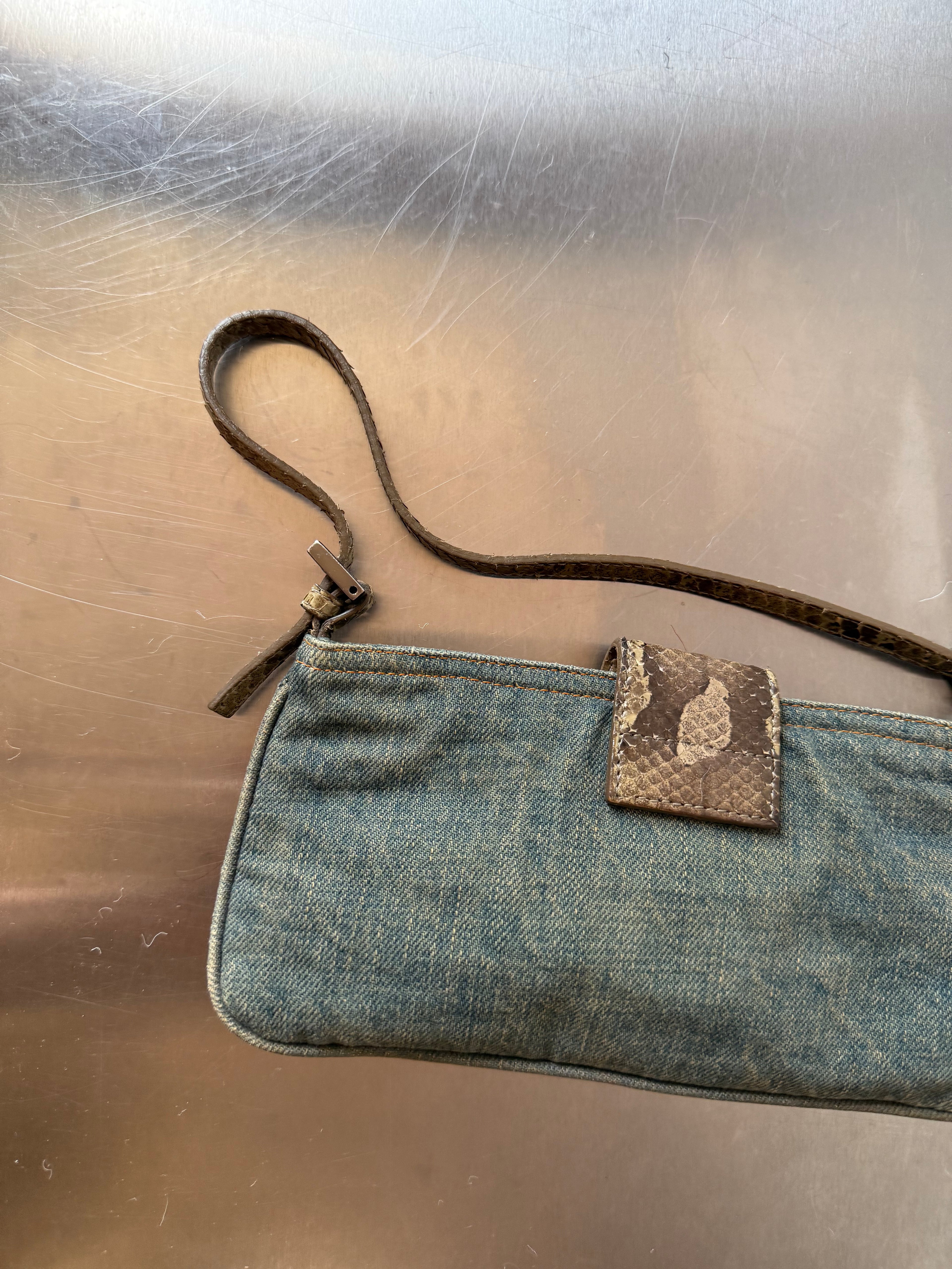 FENDI DENIM & PYTHON MINI BAGUETTE