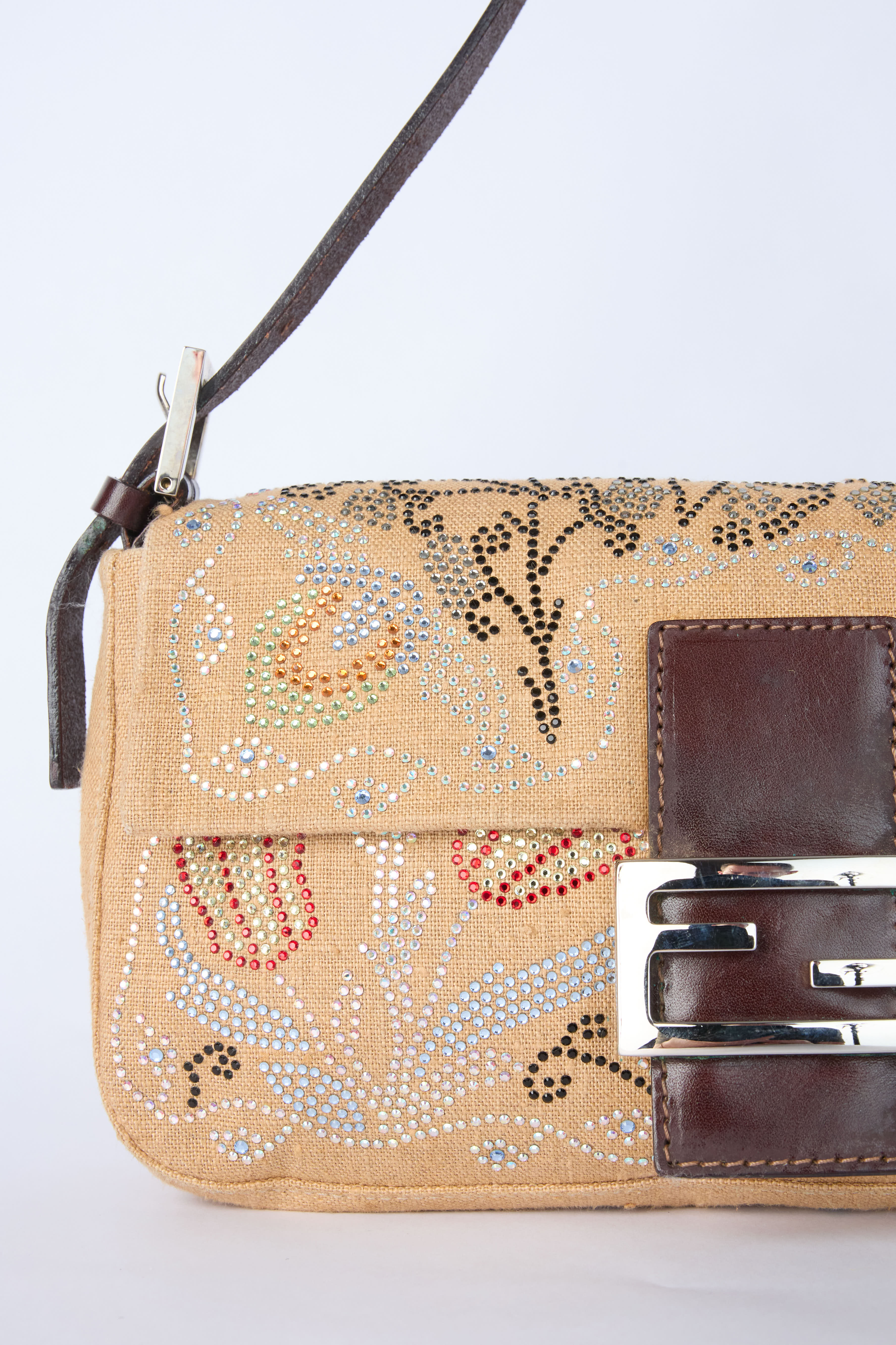 FENDI LINEN EMBELLISHED BAGUETTE