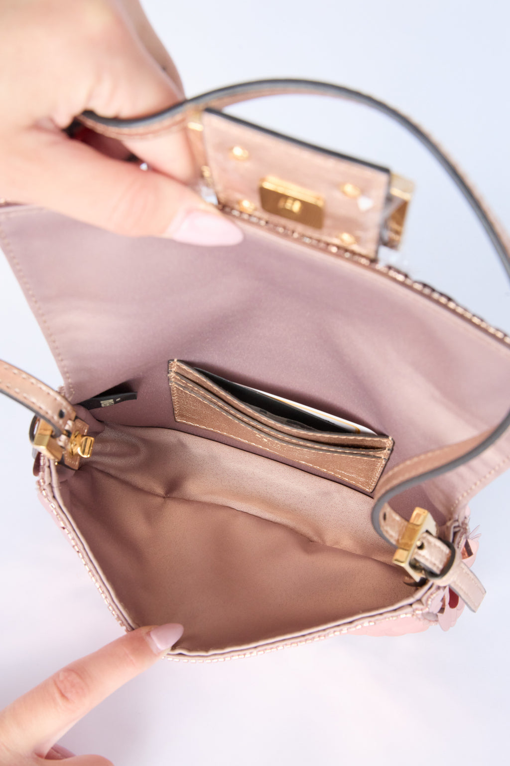 FENDI ROSE GOLD MINI SEQUIN BAGUETTE