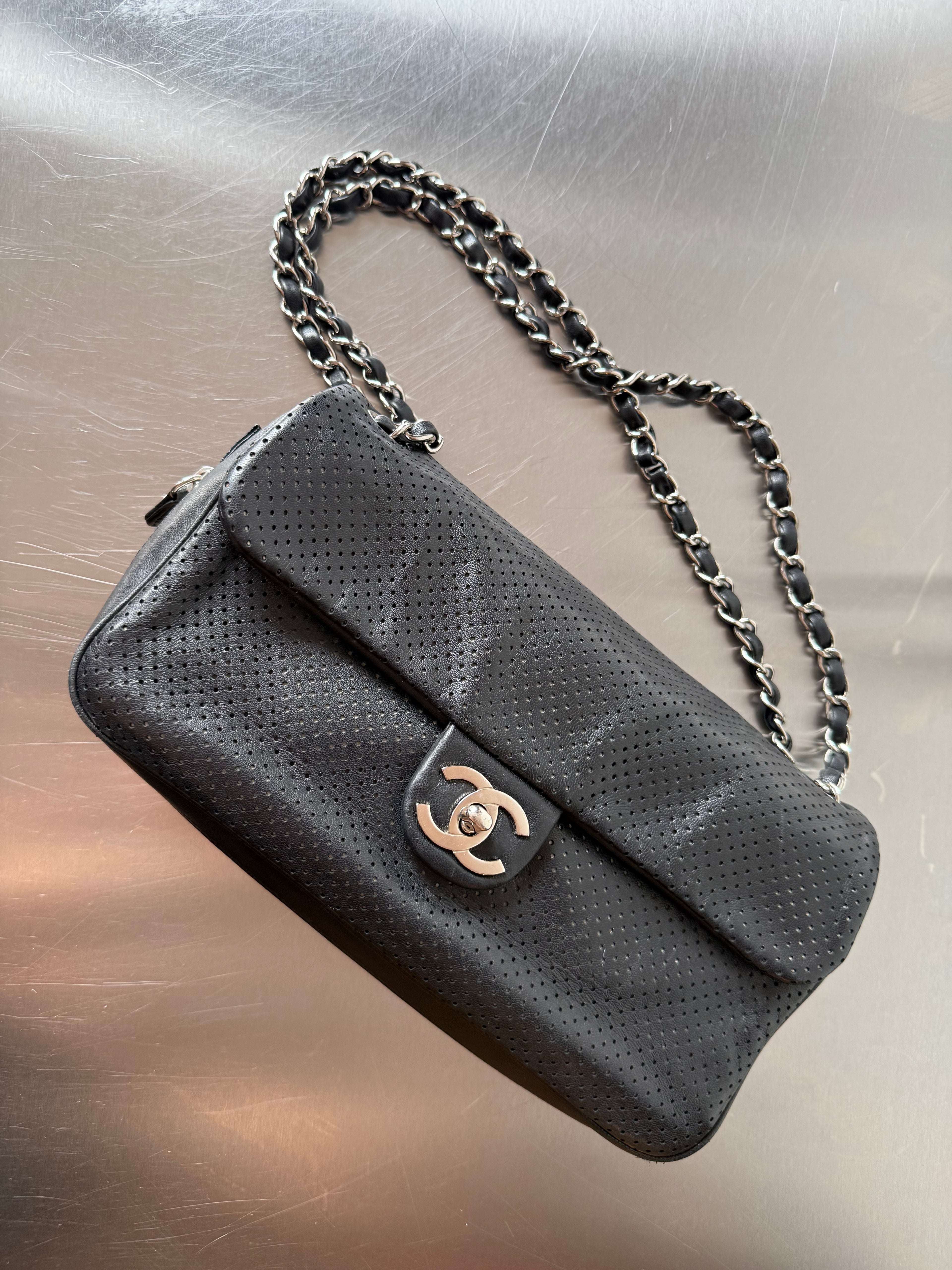 CHANEL BLACK PERFORATED BASEBALL SPIRIT MEDIUM FLAP