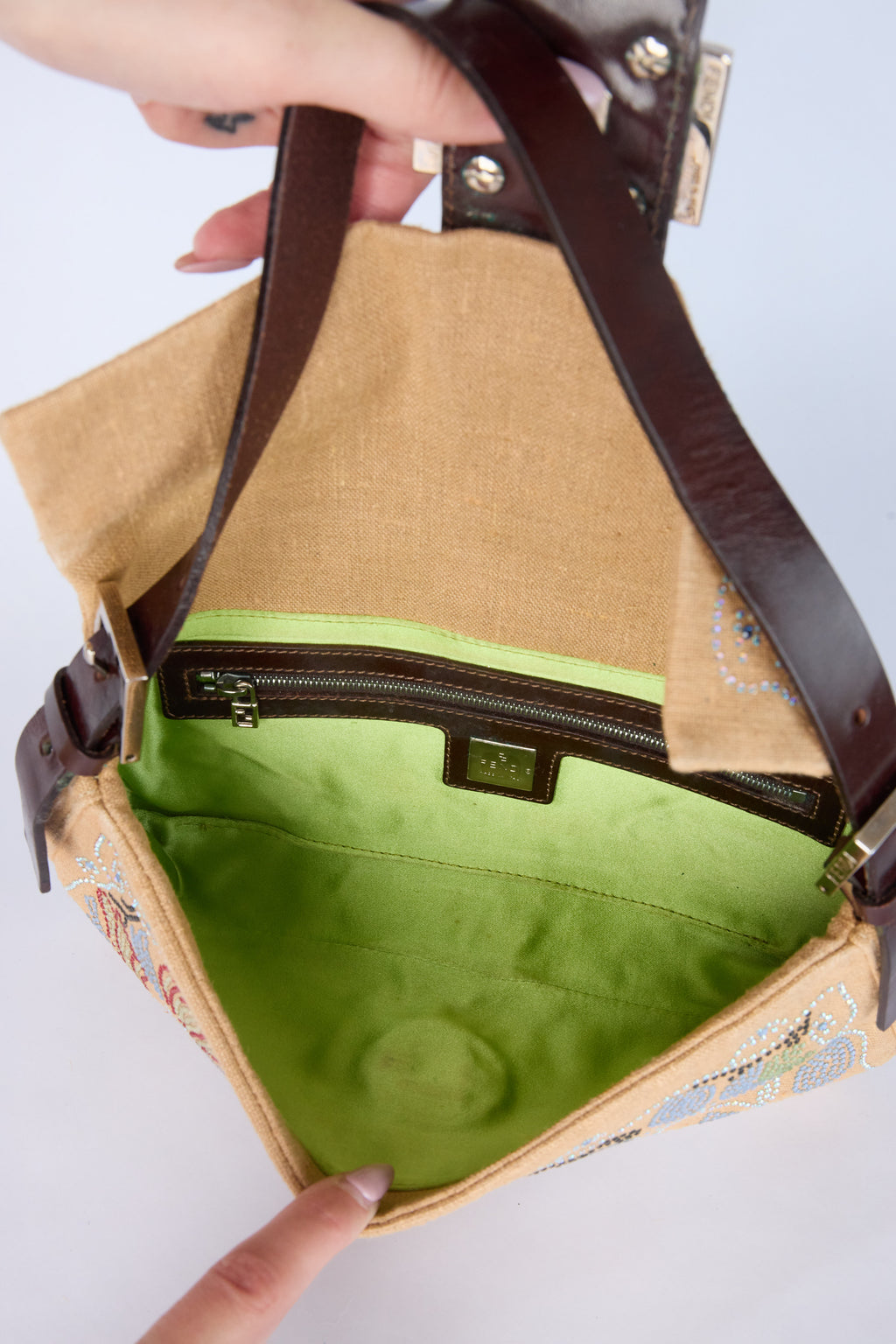 FENDI LINEN EMBELLISHED BAGUETTE