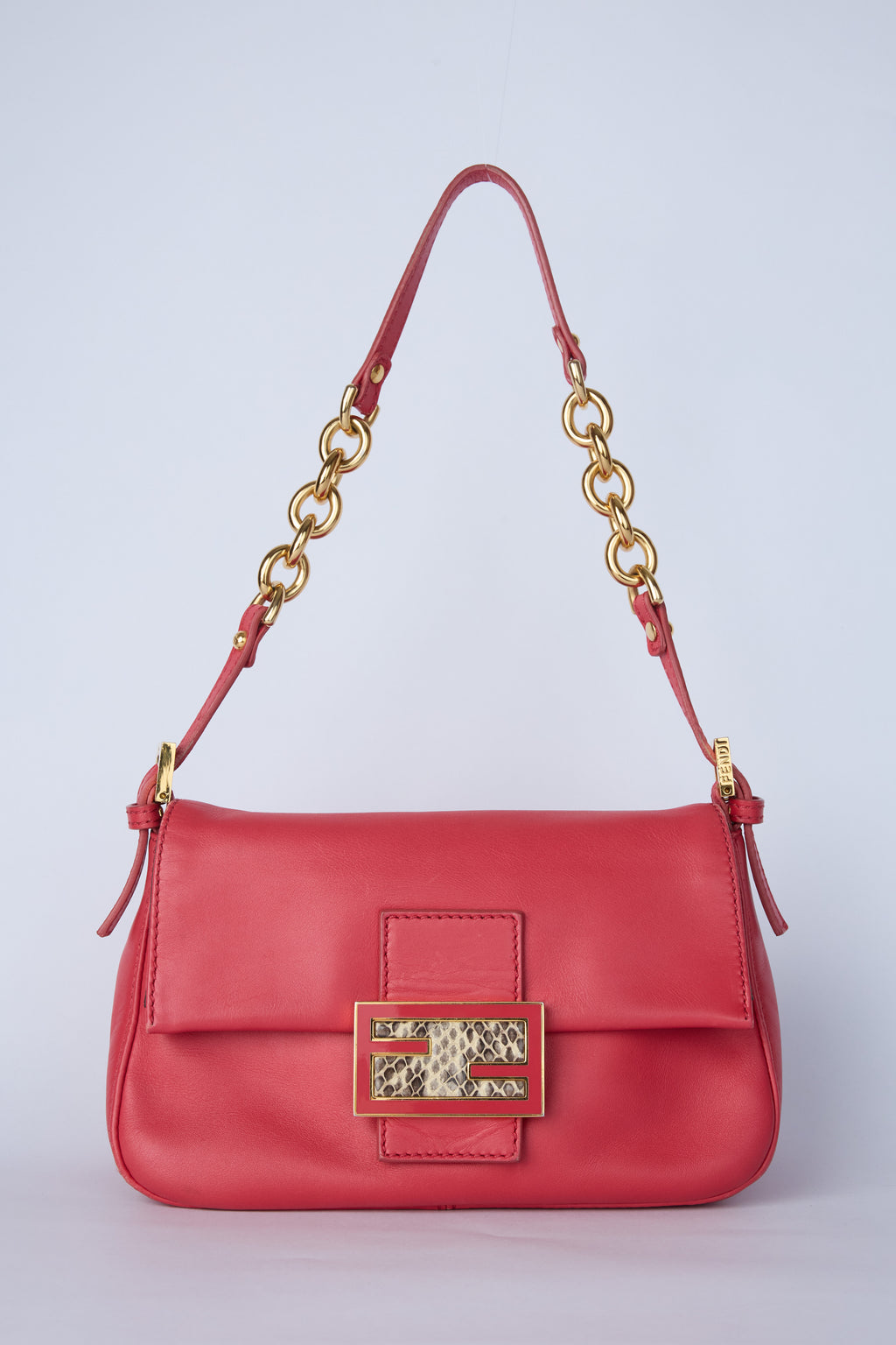 FENDI RED & GOLD CHAIN MINI MAMMA BAGUETTE