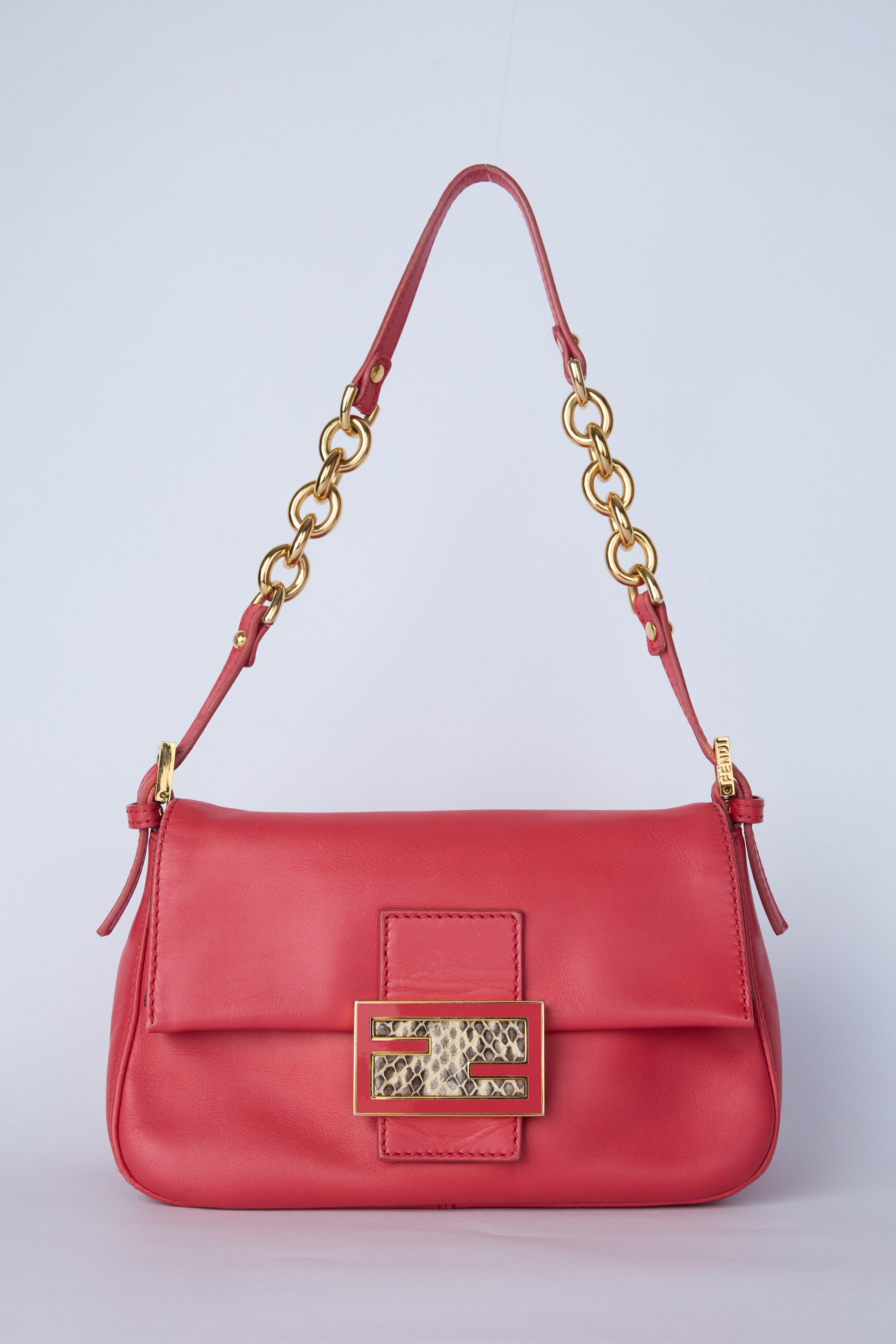 FENDI RED & GOLD CHAIN MINI MAMMA BAGUETTE