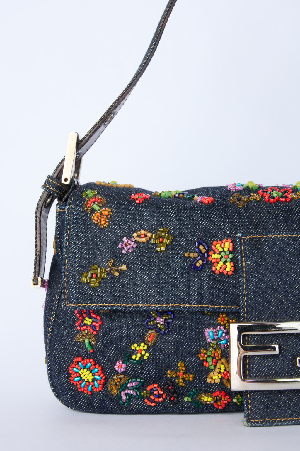 FENDI DENIM BEADED BAGUETTE