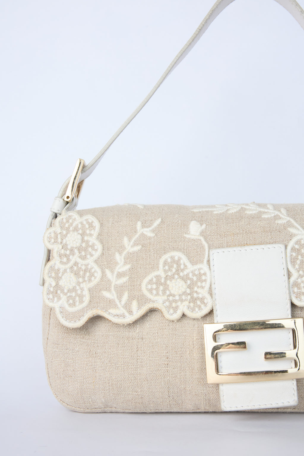 FENDI LINEN FLORAL EMBROIDERED BAGUETTE