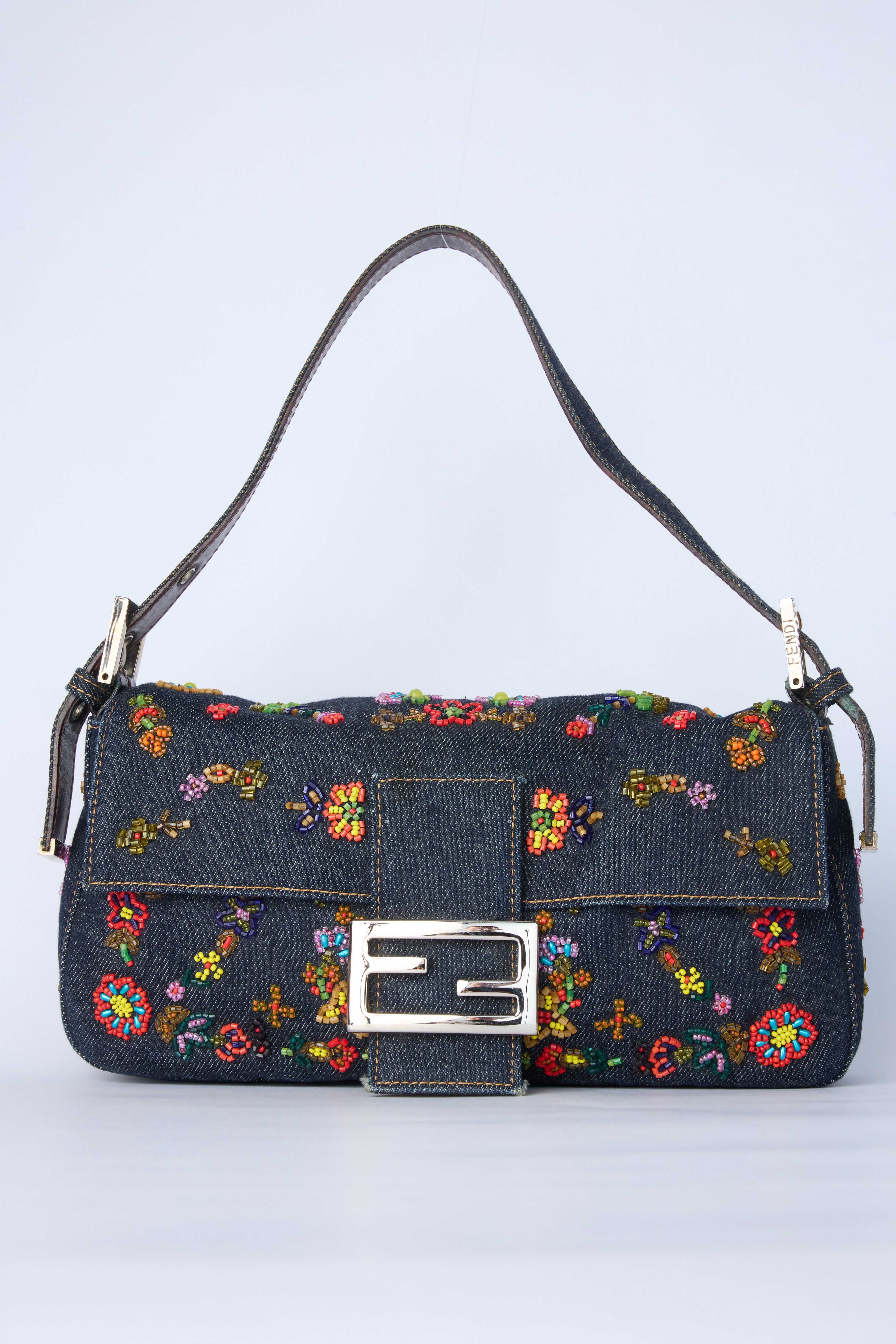 FENDI DENIM BEADED BAGUETTE