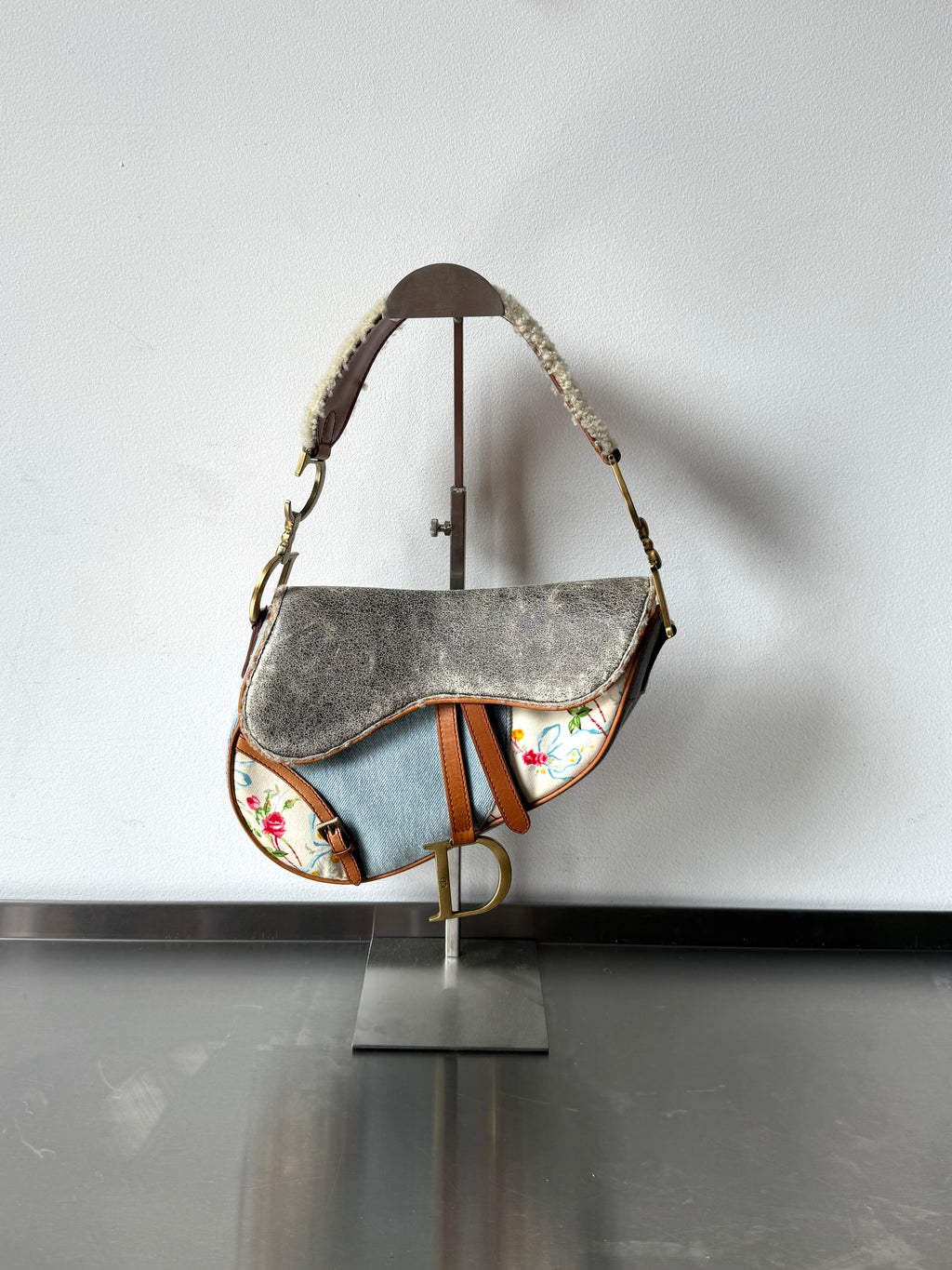 DIOR DENIM PATCHWORK SHEARLING SADDLE