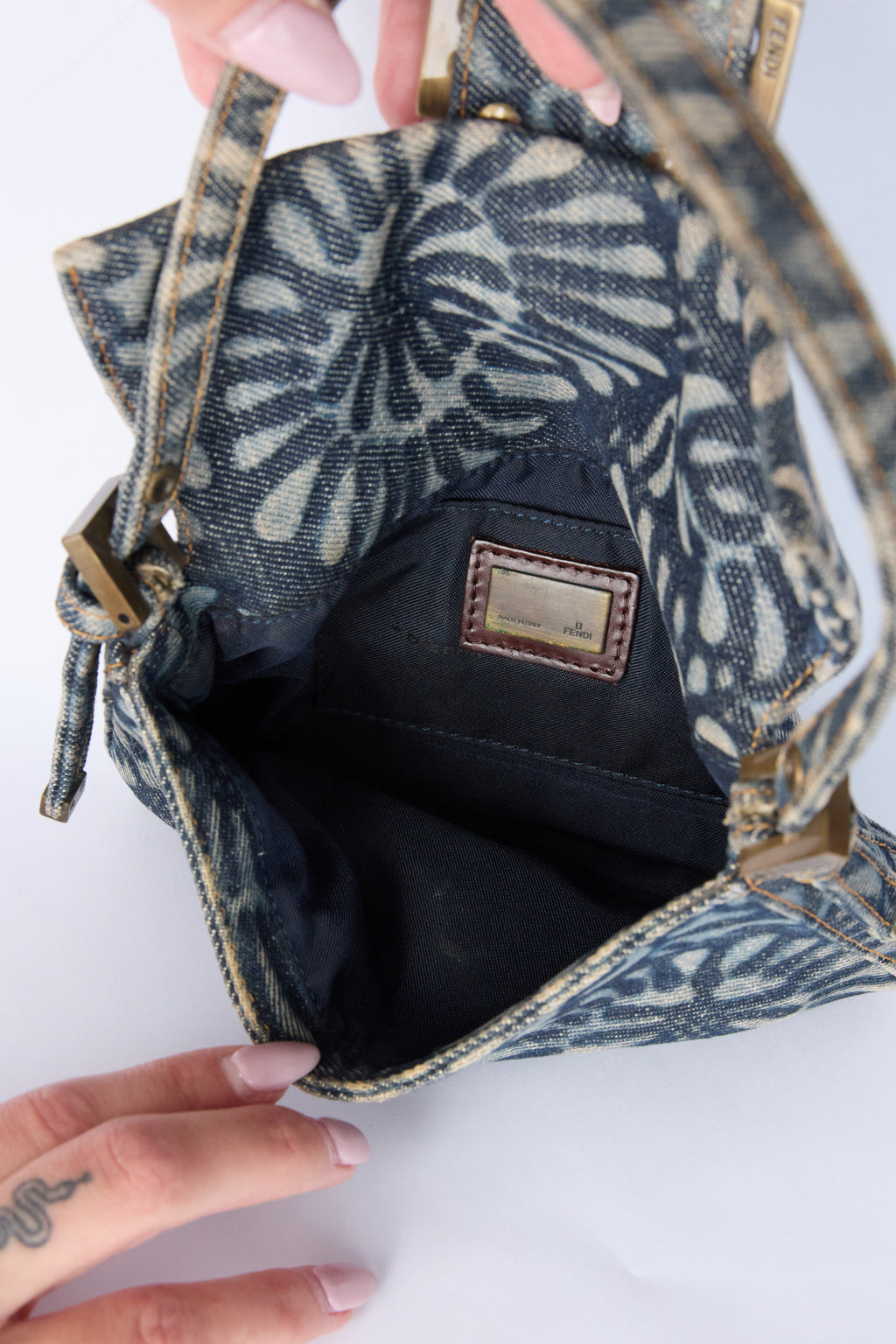 FENDI DENIM FLORAL MINI BAGUETTE