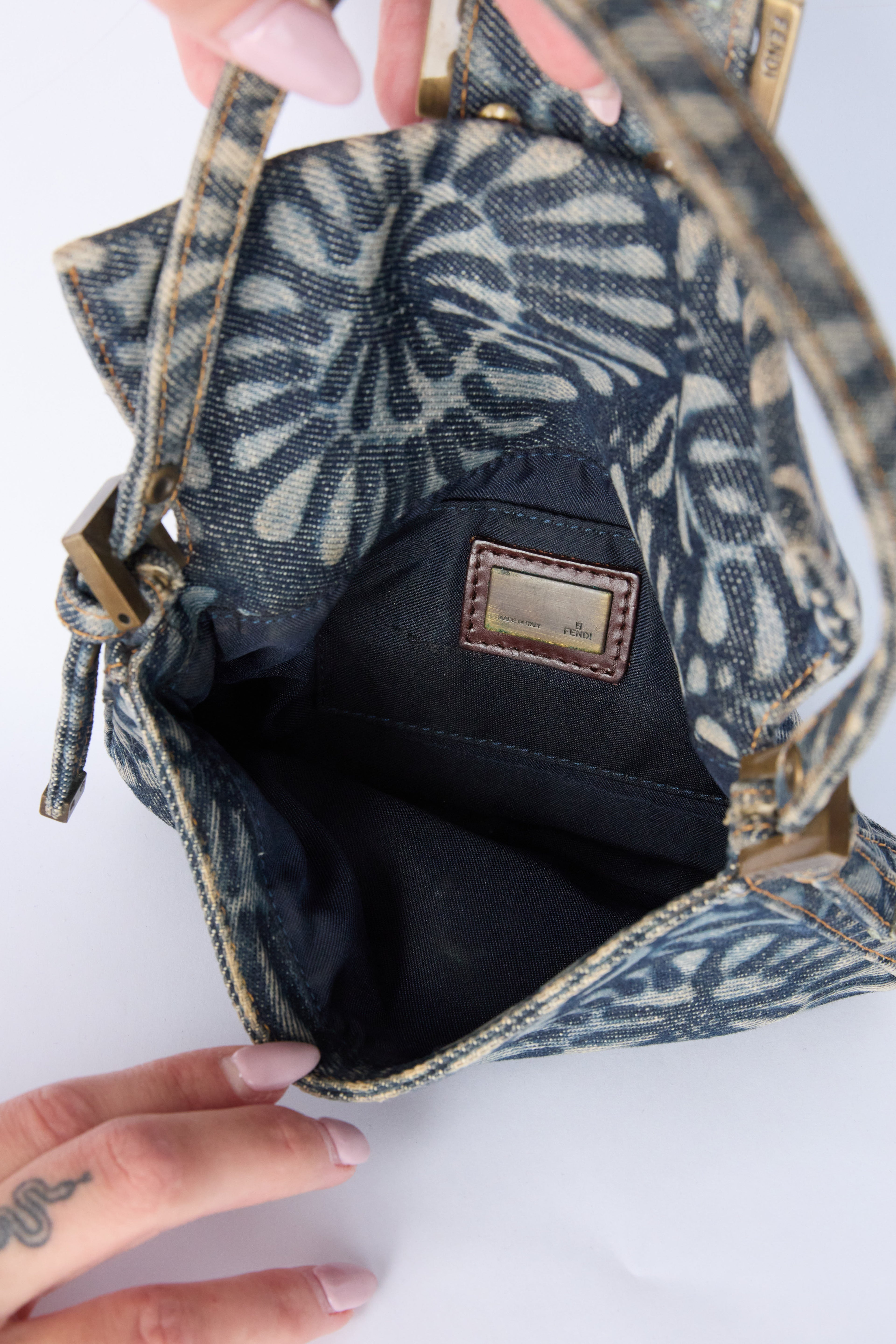 FENDI DENIM FLORAL MINI BAGUETTE