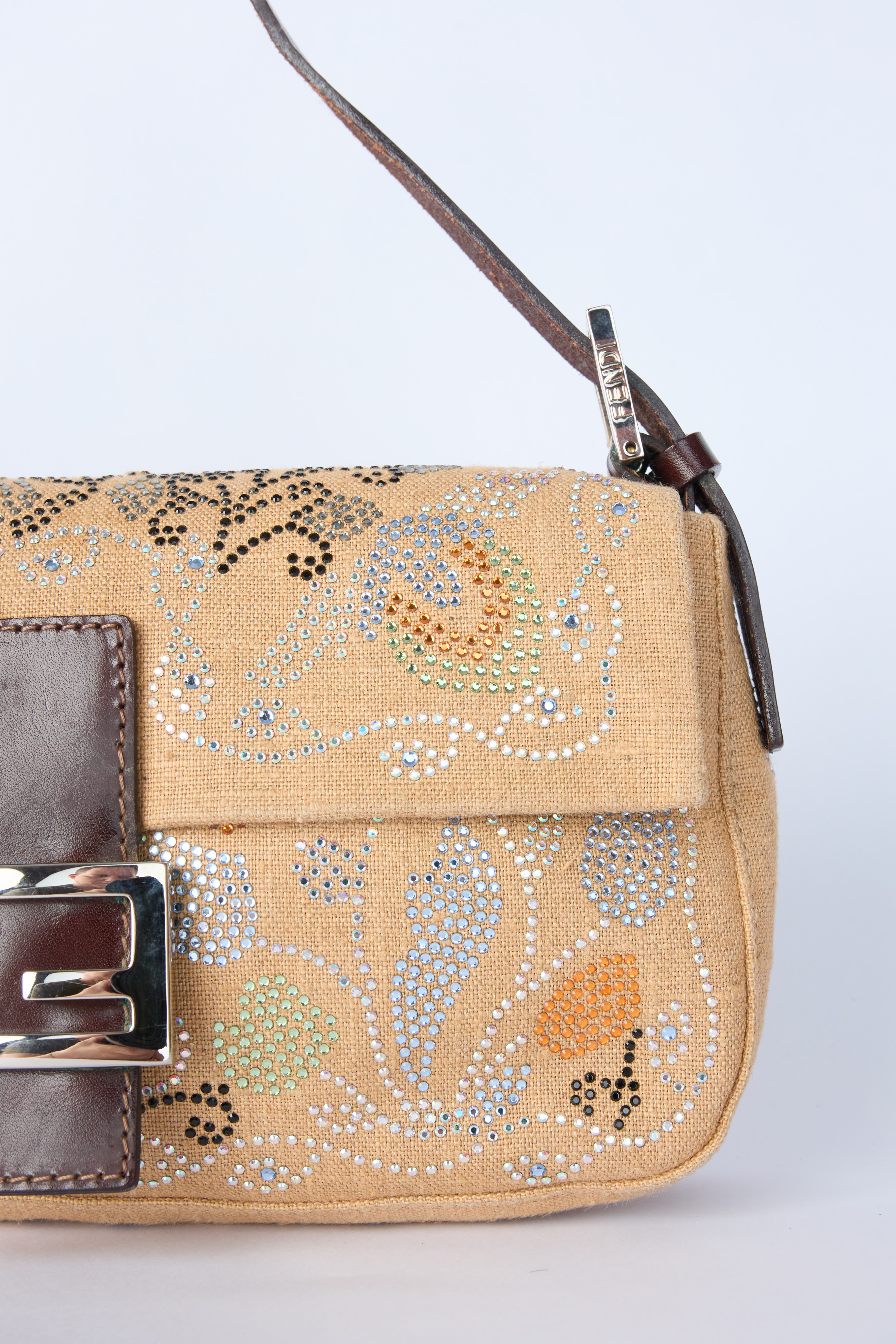 FENDI LINEN EMBELLISHED BAGUETTE