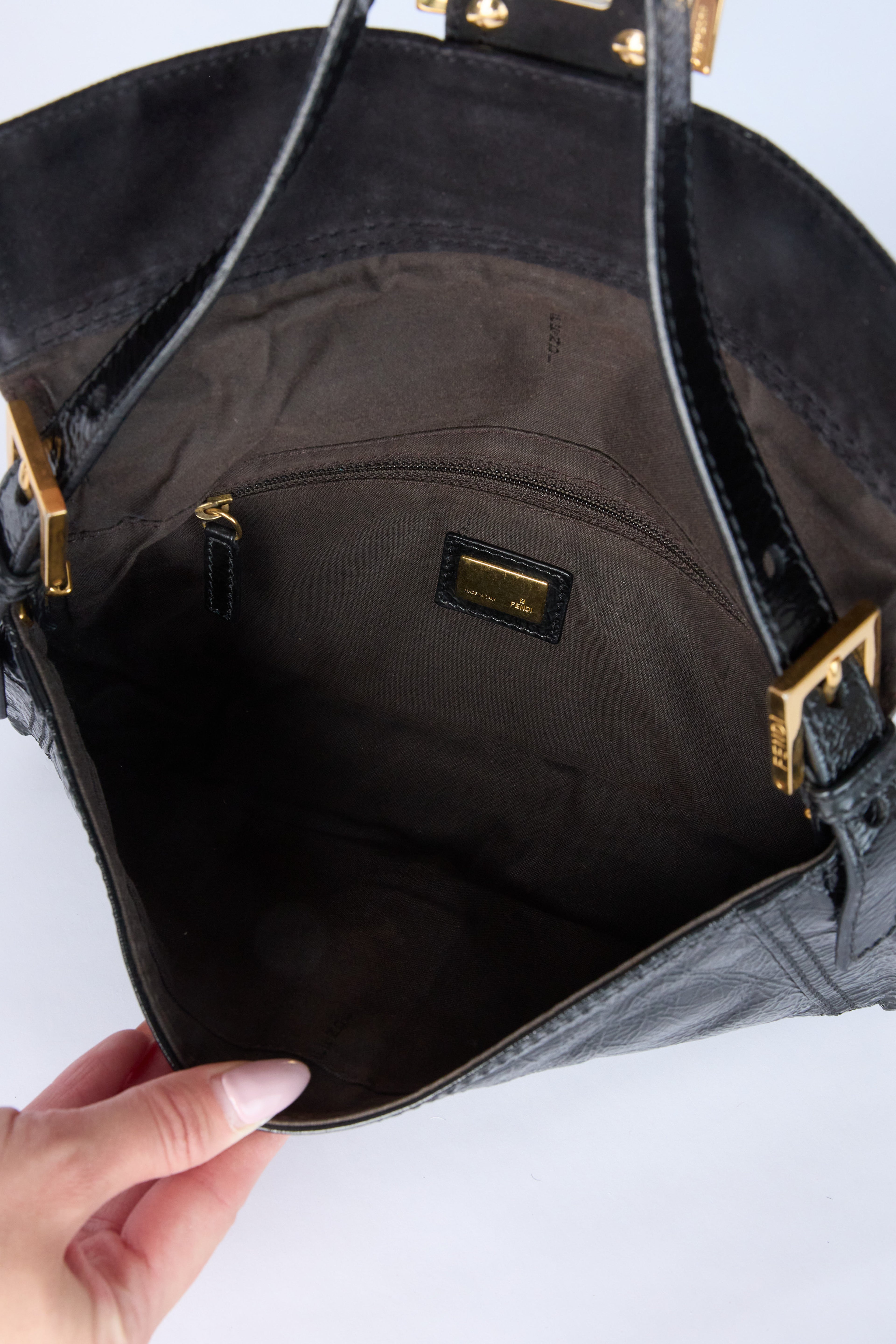 FENDI PATENT LEATHER BAGUETTE WITH GOLD HARDWARE