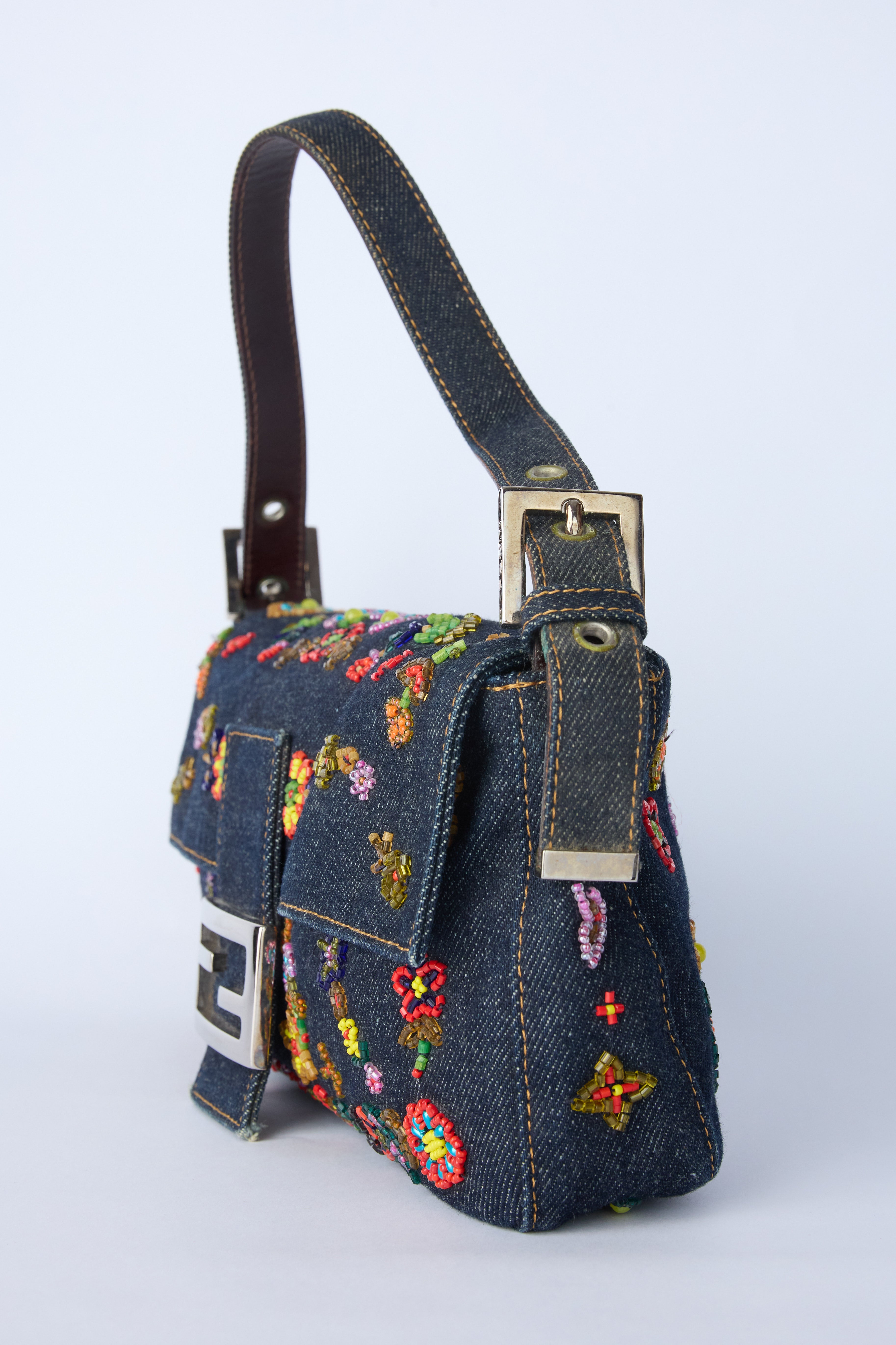 FENDI DENIM BEADED BAGUETTE