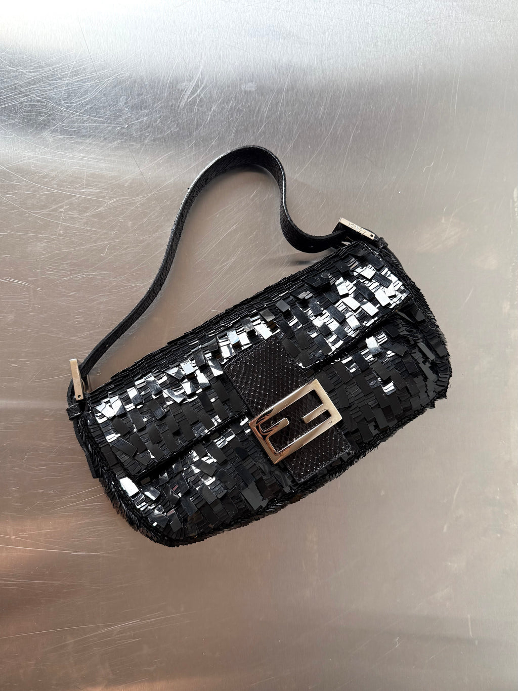 FENDI BLACK SEQUIN & PYTHON TRIM BAGUETTE