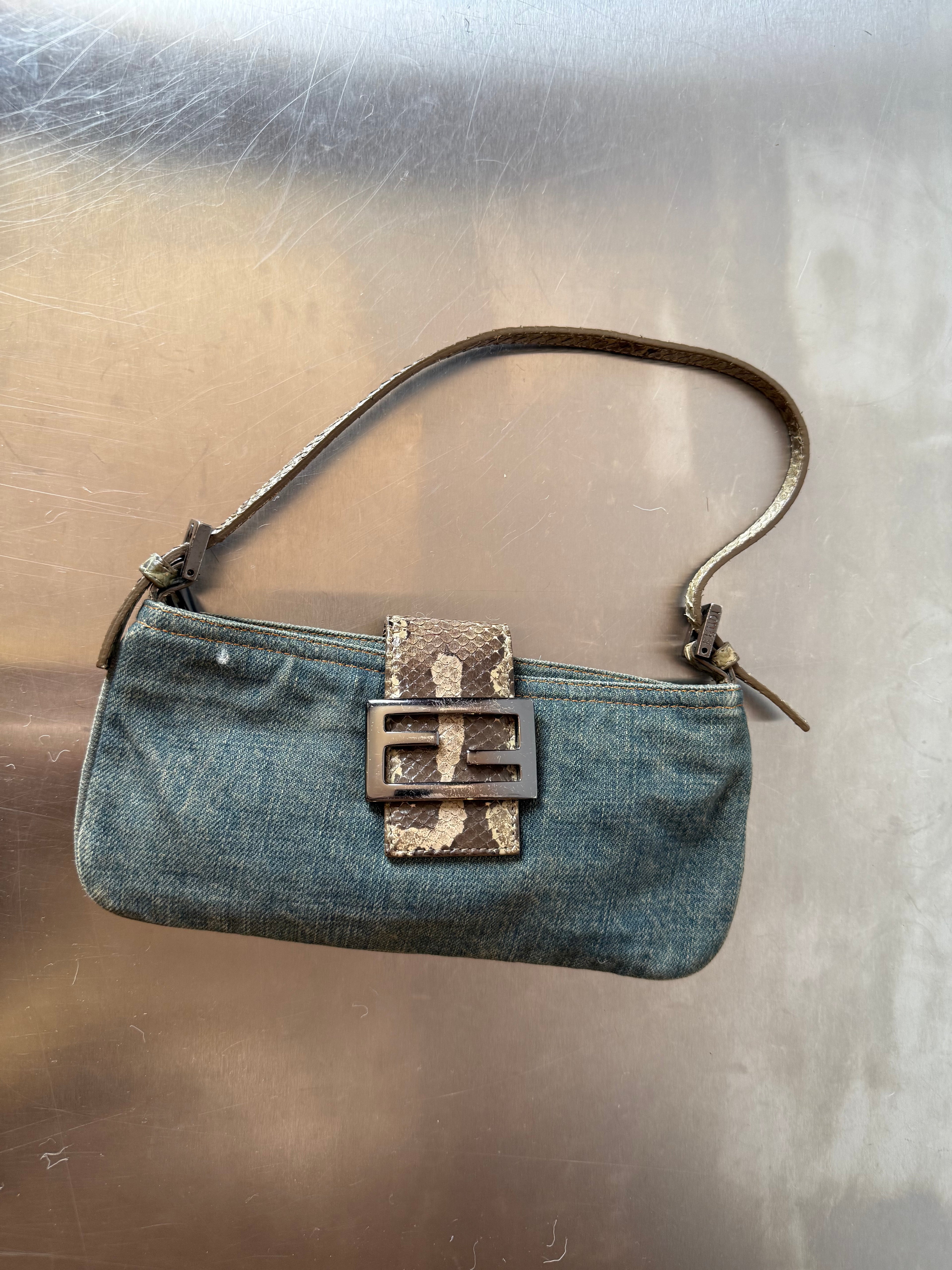FENDI DENIM & PYTHON MINI BAGUETTE