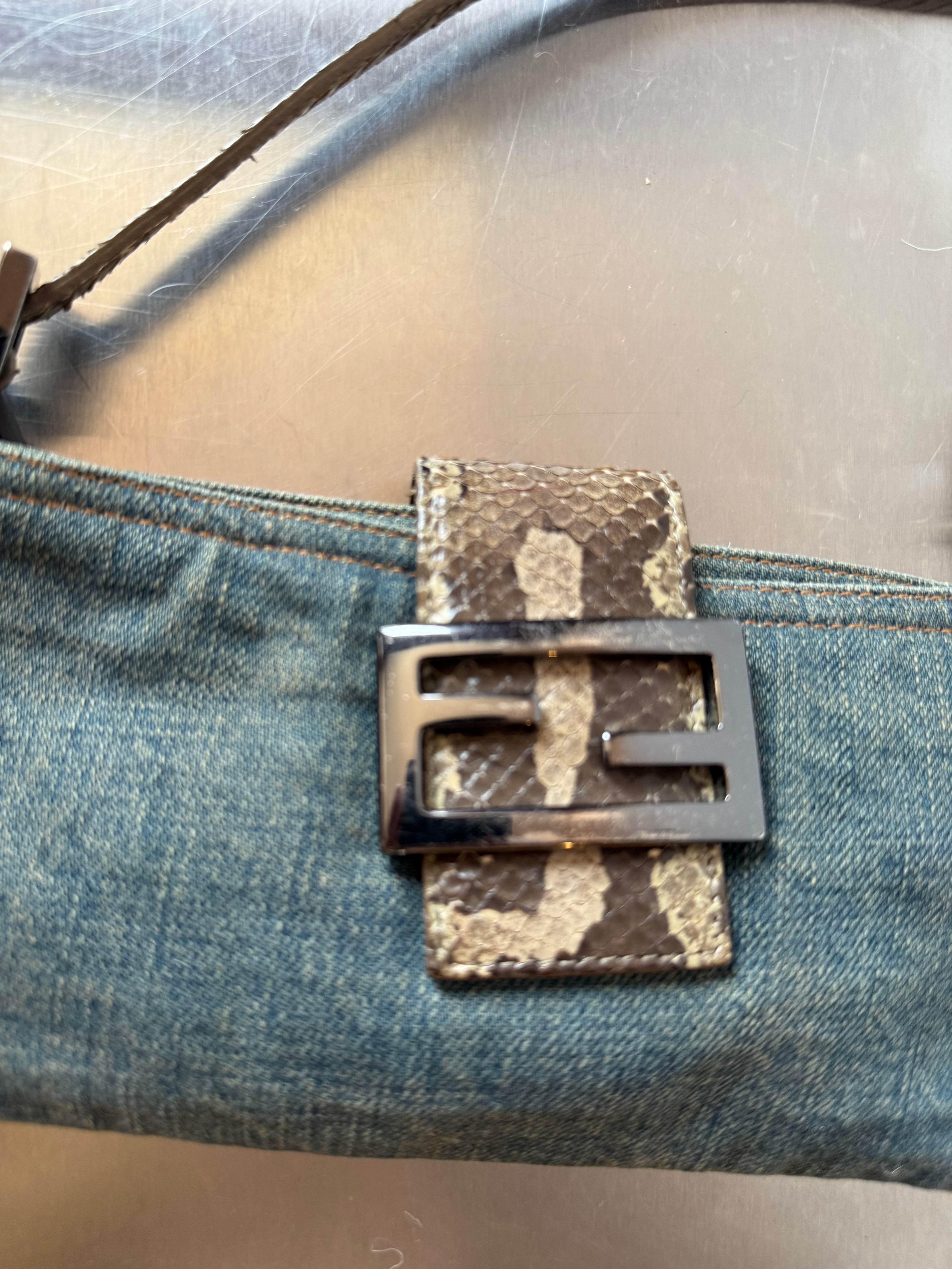 FENDI DENIM & PYTHON MINI BAGUETTE