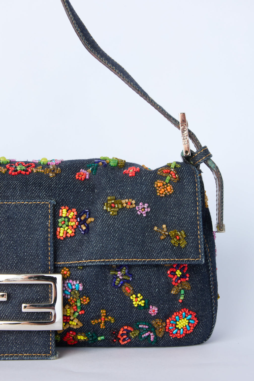 FENDI DENIM BEADED BAGUETTE