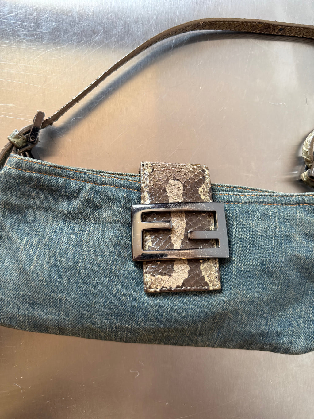 FENDI DENIM & PYTHON MINI BAGUETTE