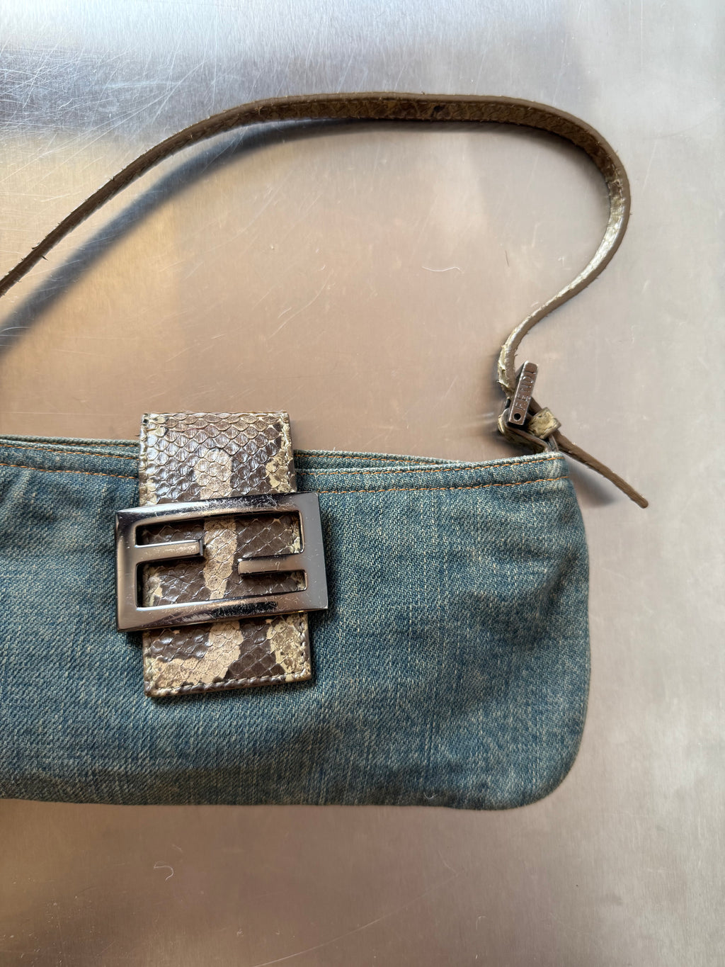 FENDI DENIM & PYTHON MINI BAGUETTE
